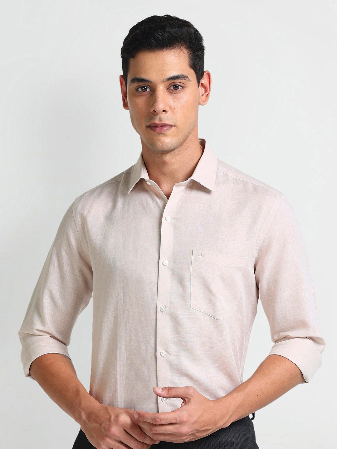 

Arrow Slim Fit Spread Collar Opaque Linen Cotton Formal Shirt, Brown