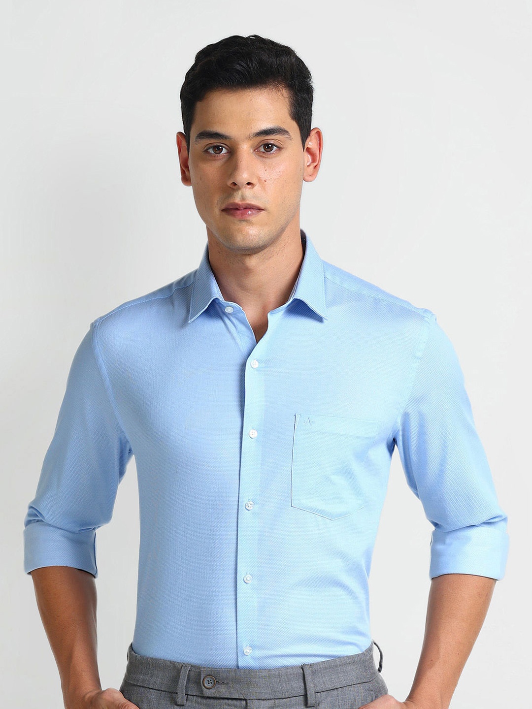 

Arrow Slim Fit Self Design Spread Collar Opaque Cotton Formal Shirt, Blue