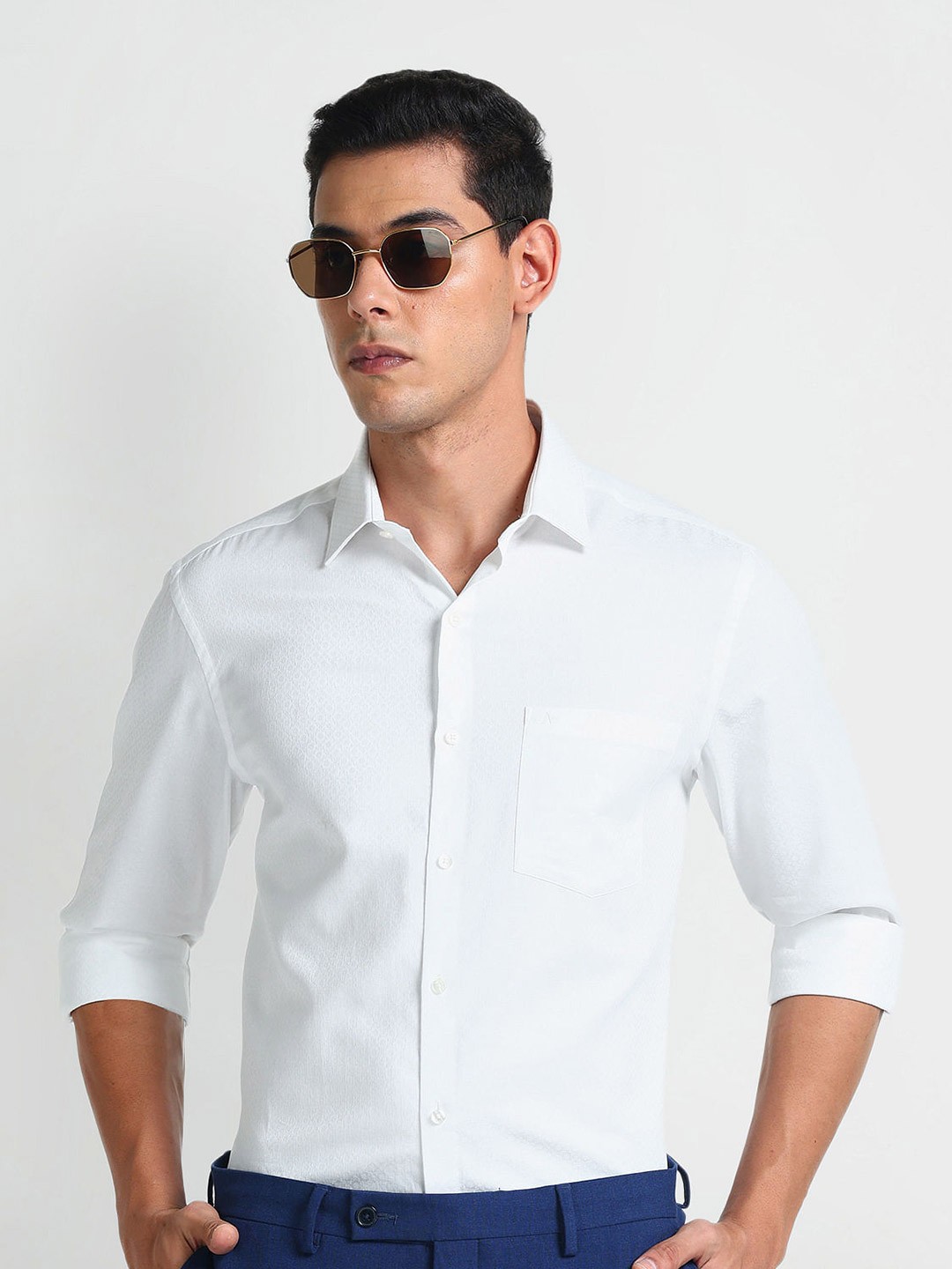 

Arrow Floral Self Design Spread Collar Long Sleeves Cotton Formal Shirt, White
