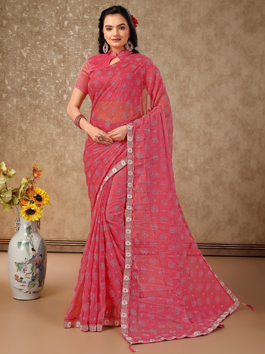 

HERE&NOW Floral Printed Pure Chiffon Saree, Pink