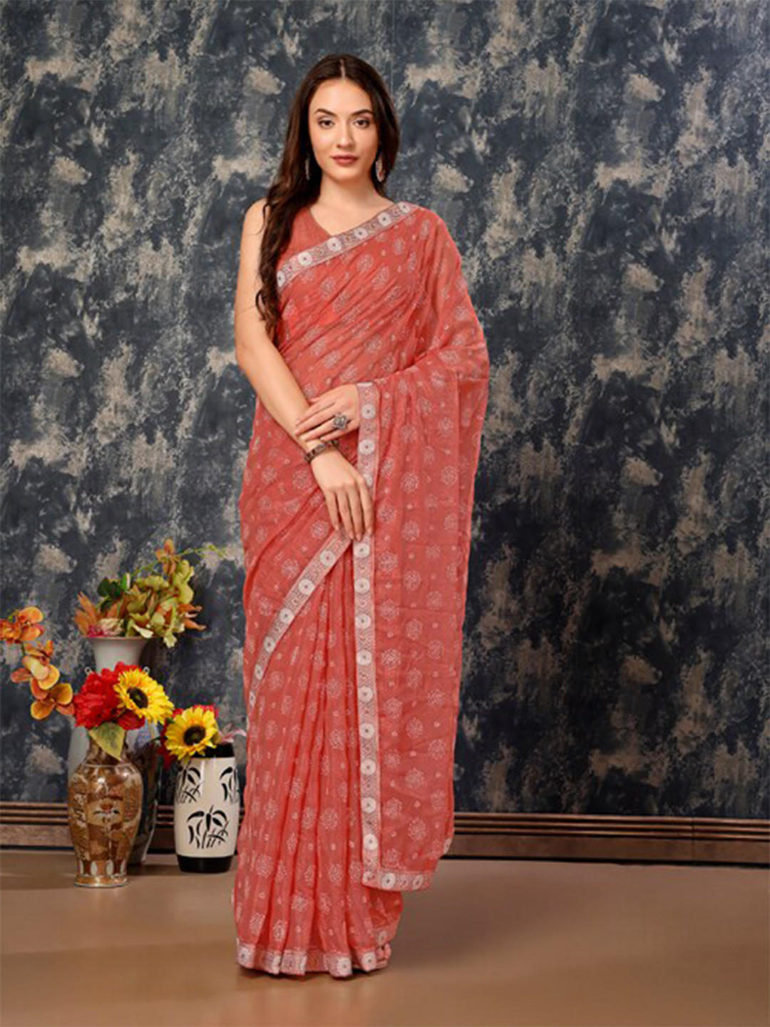 

HERE&NOW Ethnic Motifs Pure Chiffon Saree, Peach