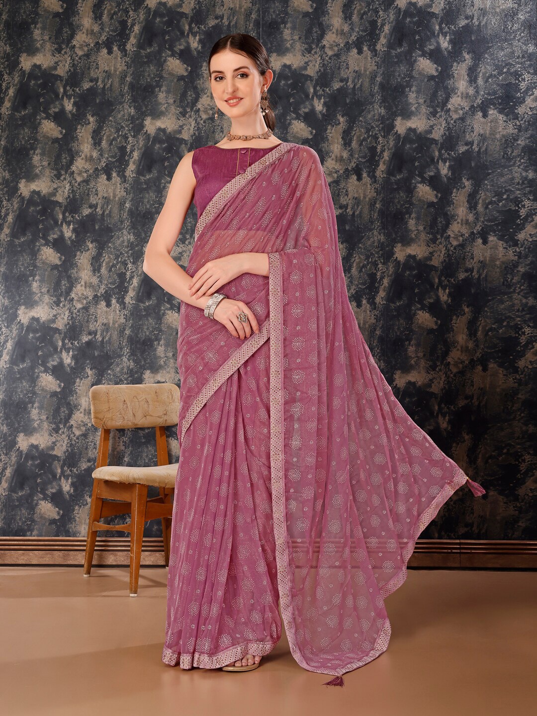 

HERE&NOW Floral Printed Pure Chiffon Saree, Mauve