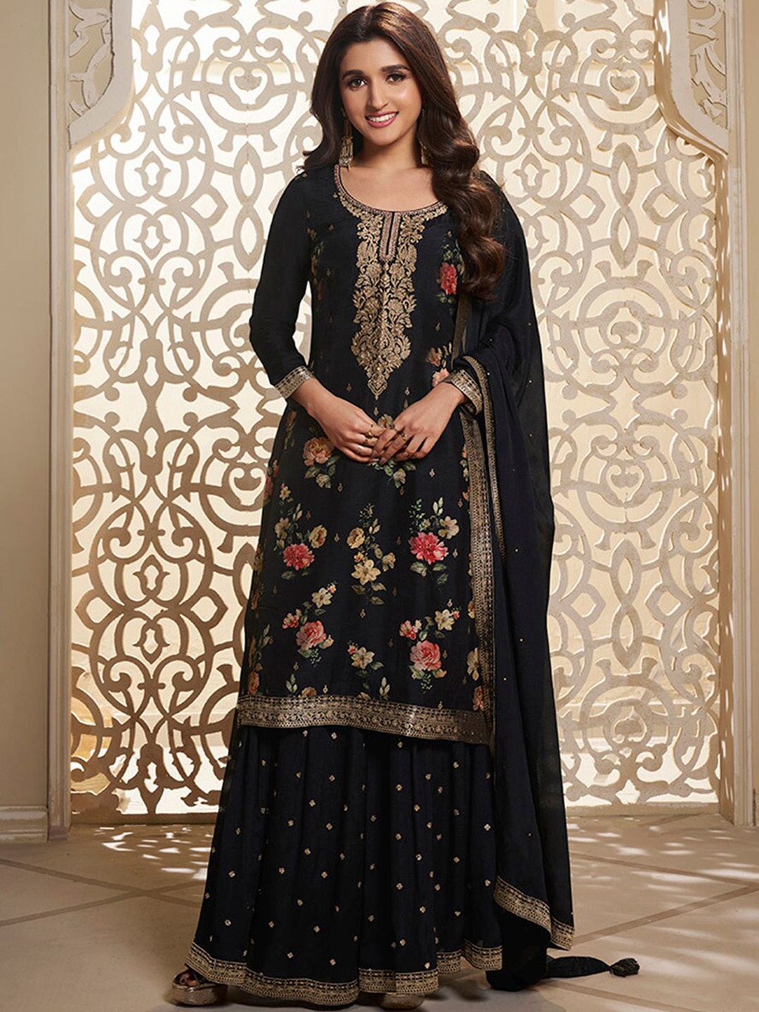 

Seerat Ethnic Motifs Printed Pure Silk Jacquard Kurta with Palazzos & With Dupatta, Black