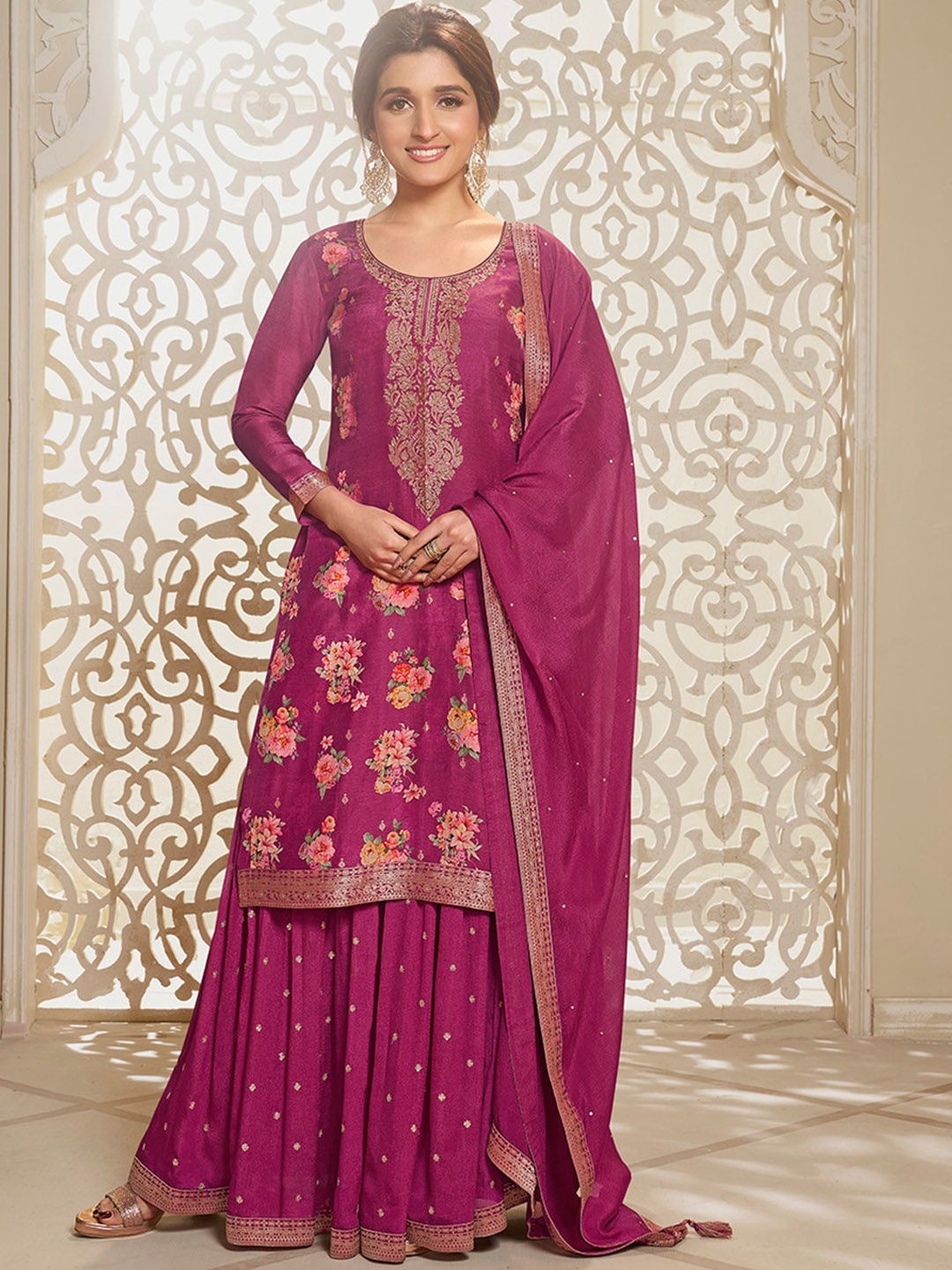 

Seerat Ethnic Motifs Woven Design Pure Silk Jacquard Kurta with Palazzos & With Dupatta, Magenta