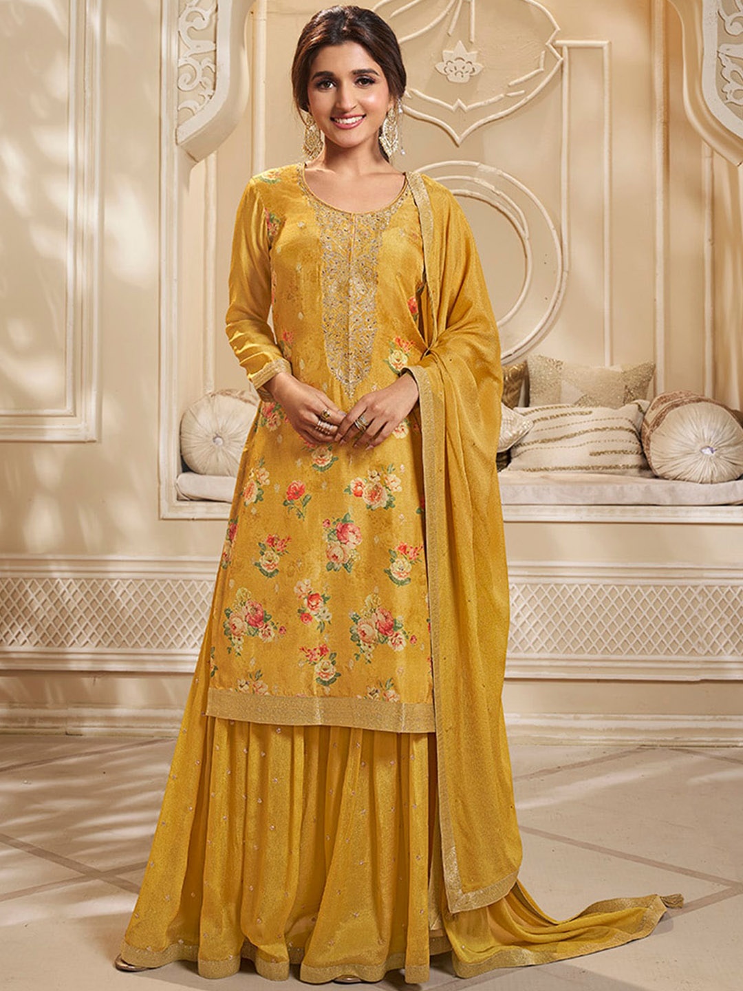 

Seerat Ethnic Motifs Printed Zari Work Jacquard Pure Silk Kurta With Palazzos & Dupatta, Yellow