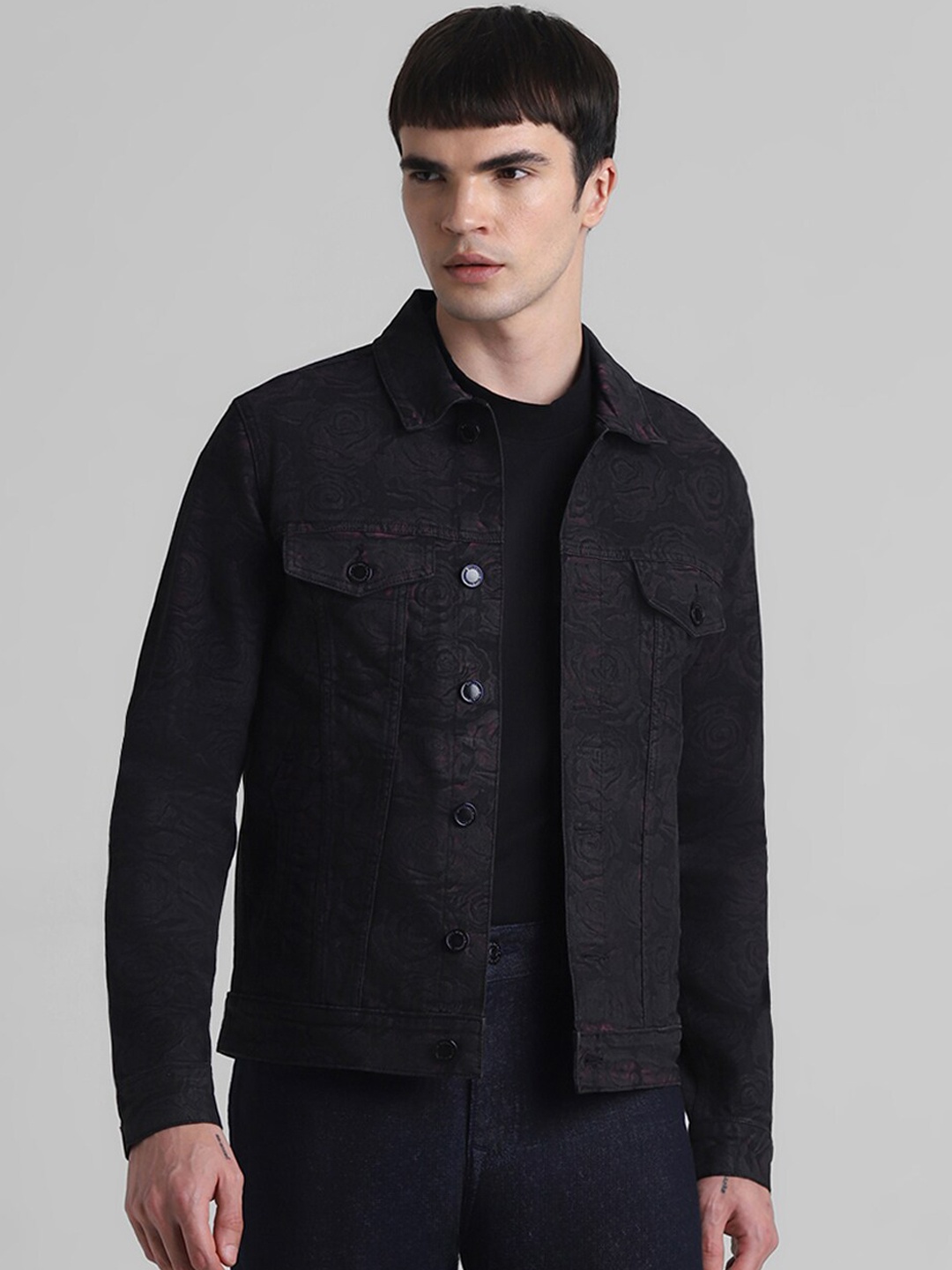 

Jack & Jones Spread Collar Cotton Denim Jacket, Black