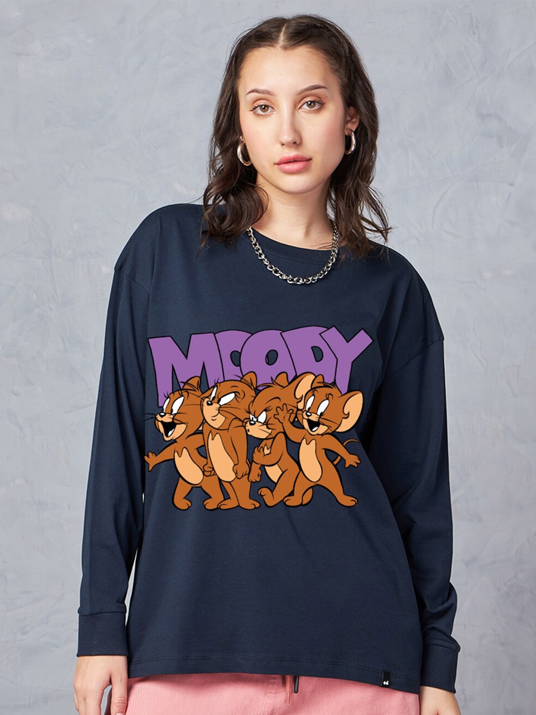 Bewakoof Tom & Jerry-Moody Jerry Printed Oversized T-shirt, Blue