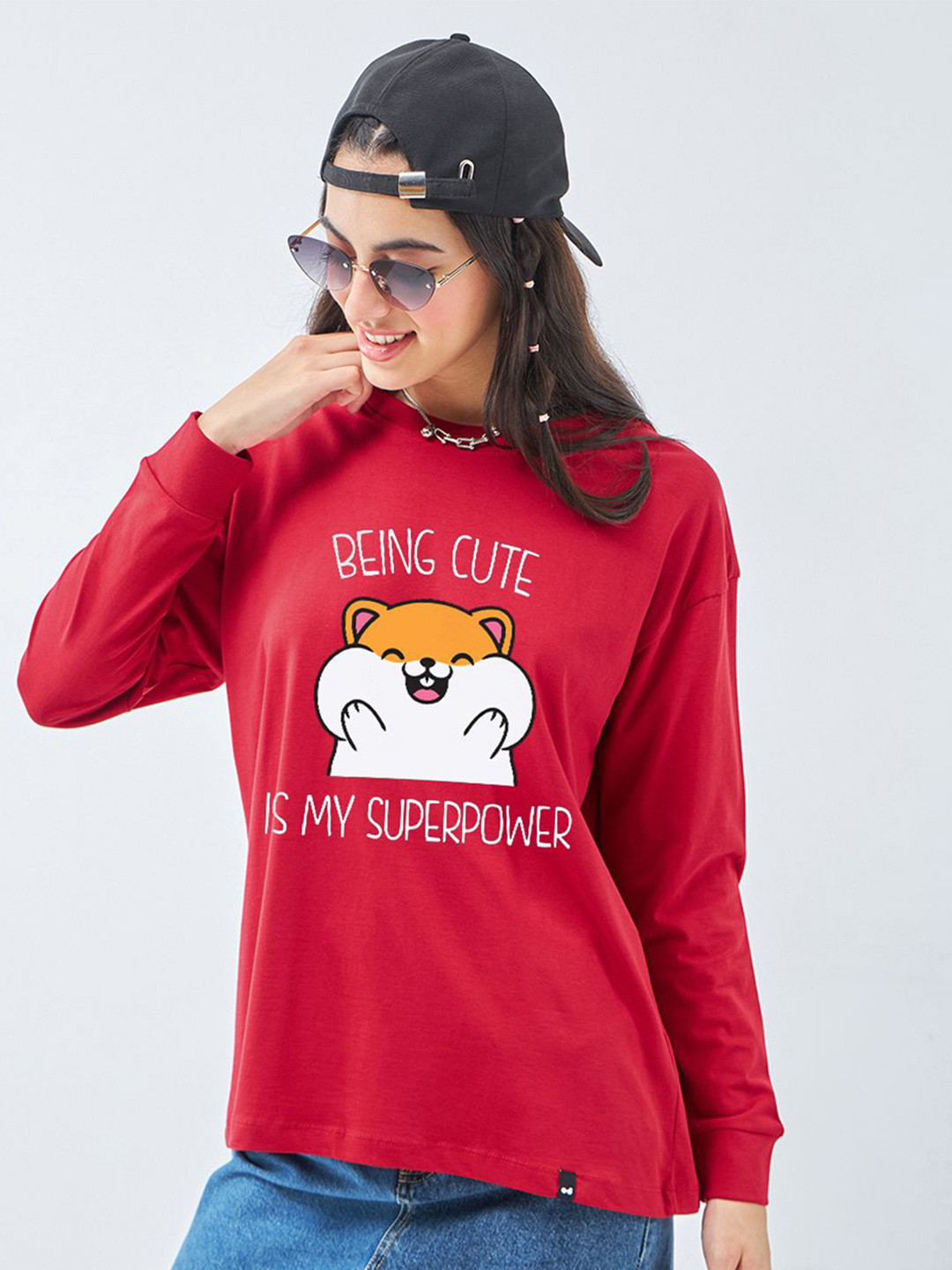 

Bewakoof Red Being Cute is My Super Power Graphic Printed Oversized Cotton T-shirt