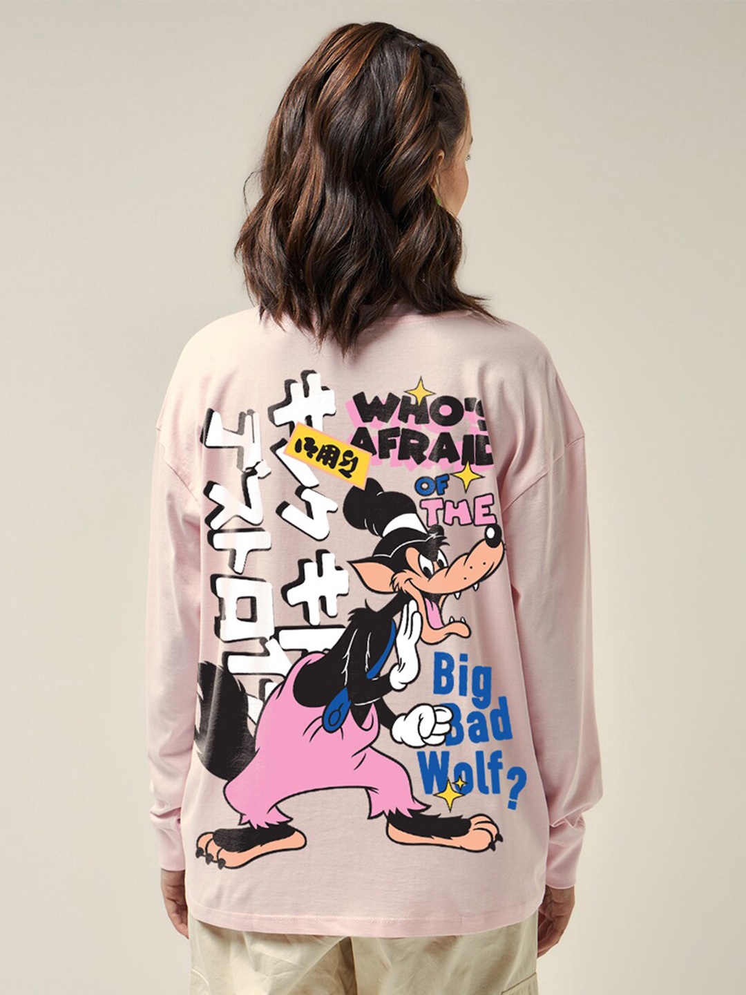 

Bewakoof Big Bad Wolf Disney Printed Drop-Shoulder Sleeves Oversized Cotton T-shirt, Pink