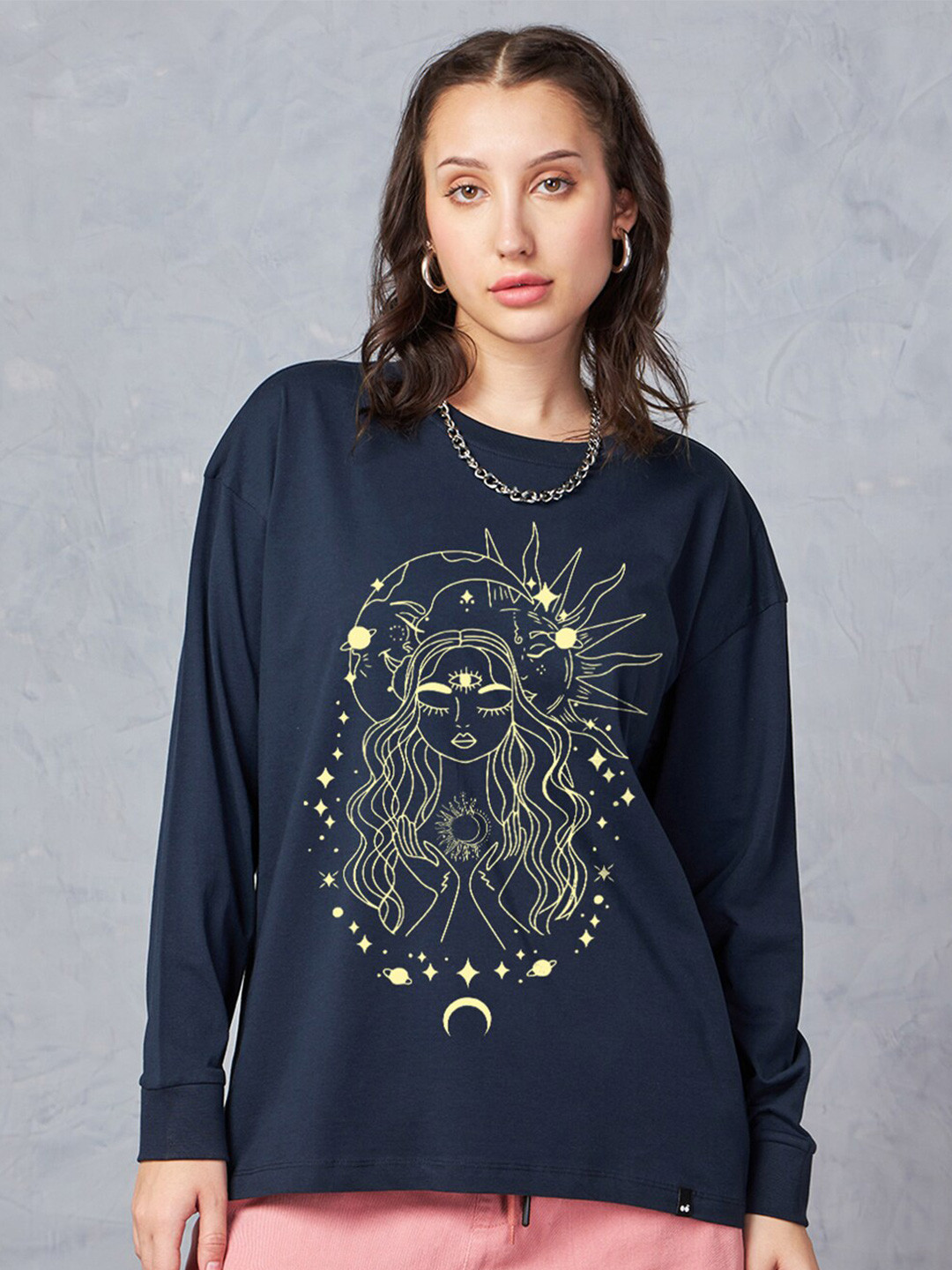 

Bewakoof Navy Blue Stardust Soul Graphic Printed Oversized Cotton T-shirt