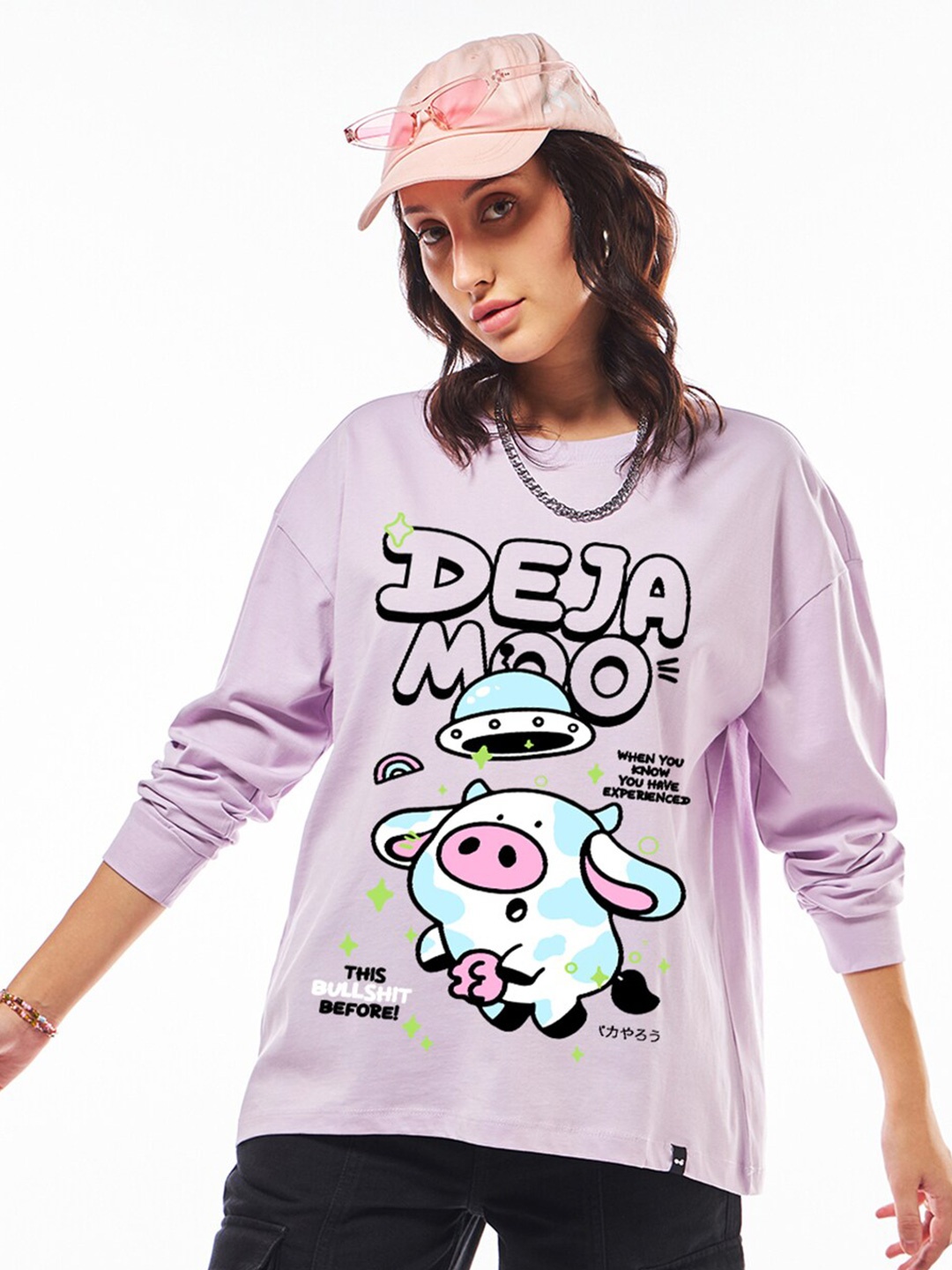

Bewakoof Purple Lilac Bloom Deja Moo Graphic Printed Oversized Cotton T-shirt