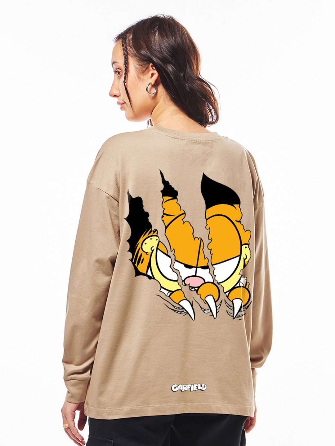 

Bewakoof Brown Garfield Printed Drop-Shoulder Sleeves Oversized Cotton T-shirt