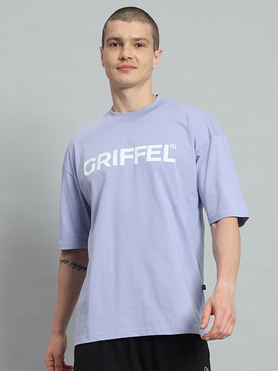 

GRIFFEL Typography Printed Drop-Shoulder Sleeves Cotton Oversized T-shirt, Mauve