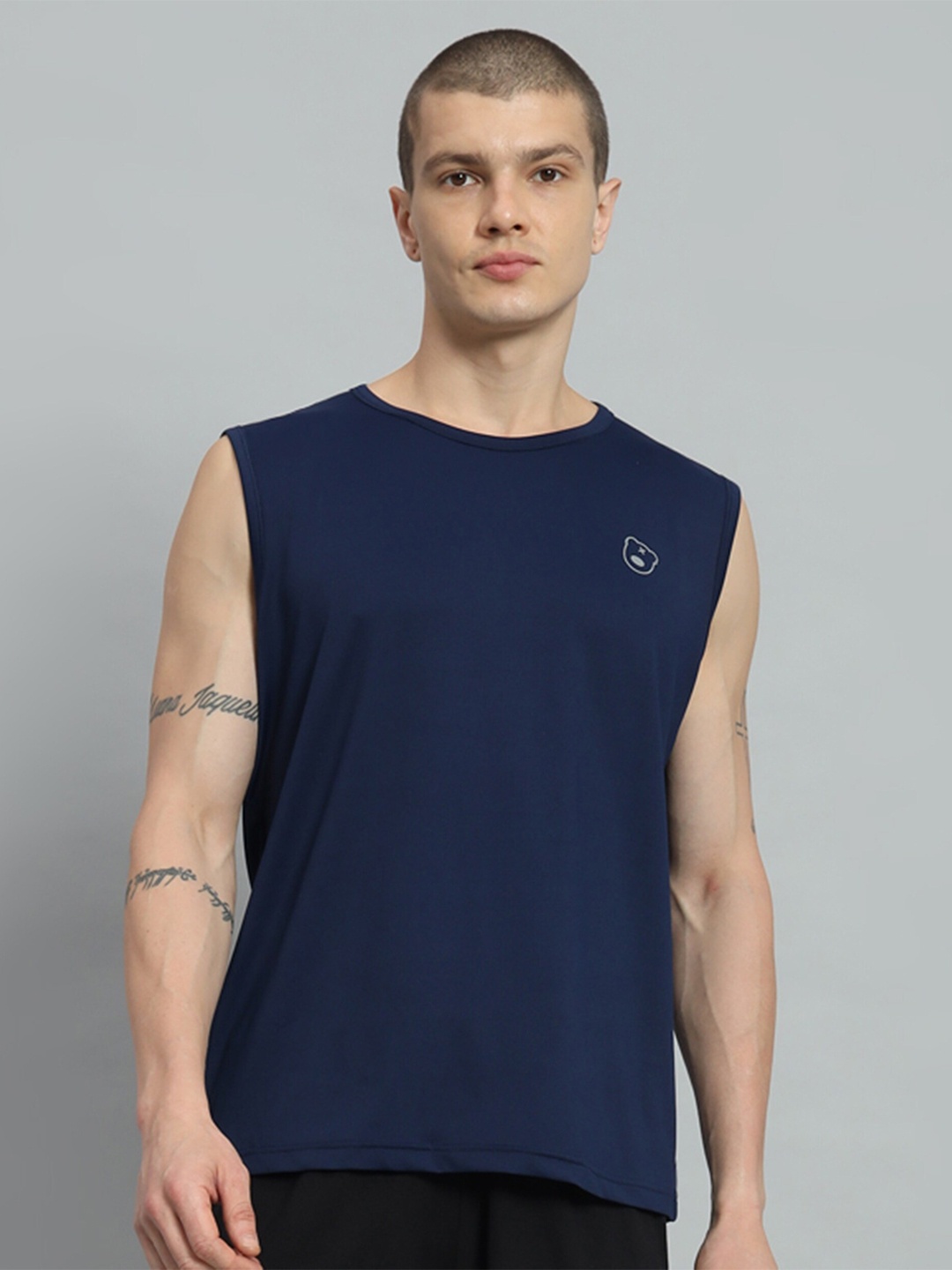 

GRIFFEL Typography Printed Round Neck Sleeveless Cotton T-shirt, Navy blue