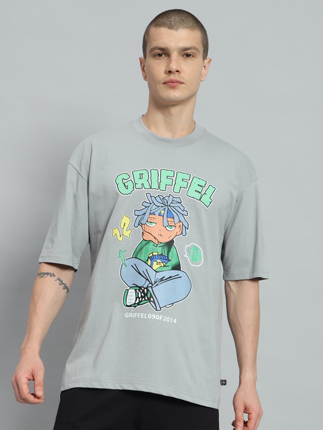 

GRIFFEL Graphic Printed Drop-Shoulder Sleeves Cotton Oversized T-shirt, Yellow