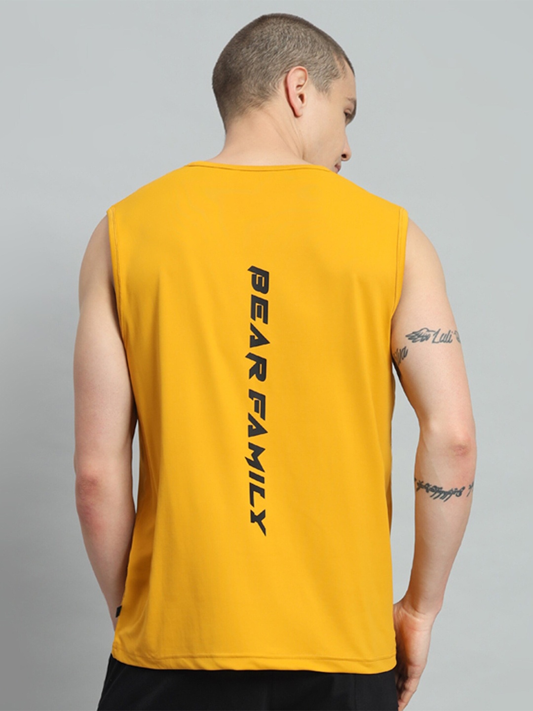 

GRIFFEL Typography Printed Round Neck Sleeveless Cotton T-shirt, Yellow