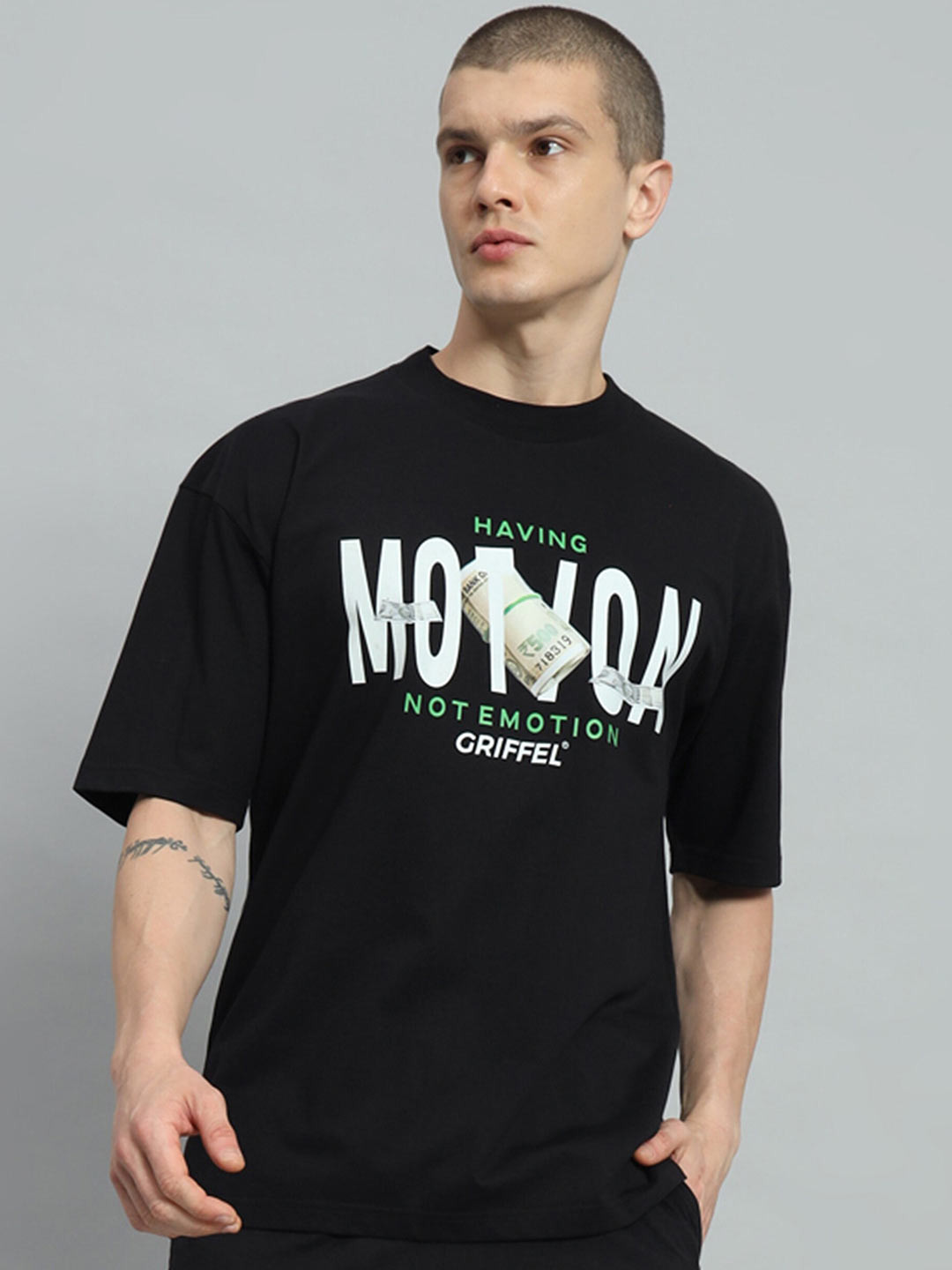 

GRIFFEL Typography Printed Drop-Shoulder Sleeves Cotton Oversized T-shirt, Black