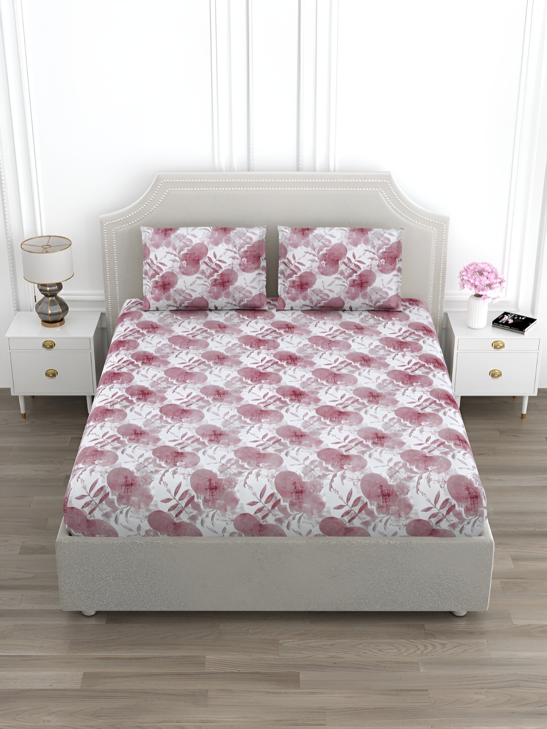 

EverHOME Pink & White Abstract Printed Cotton 210 TC King Bedsheet with 2 Pillow Covers