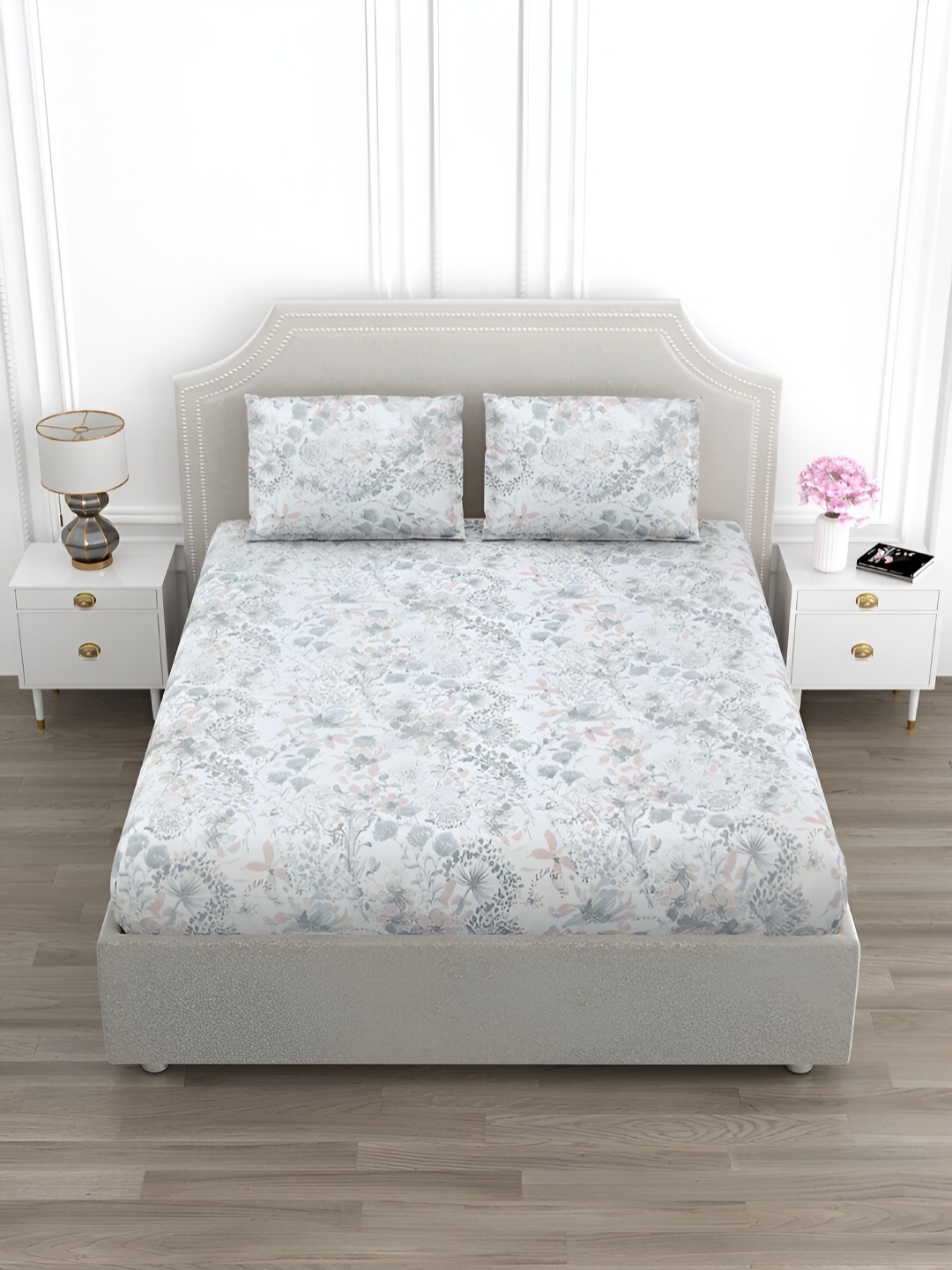 

EverHOME Pink & Grey Floral Printed Cotton 210 TC King Bedsheet with 2 Pillow Covers