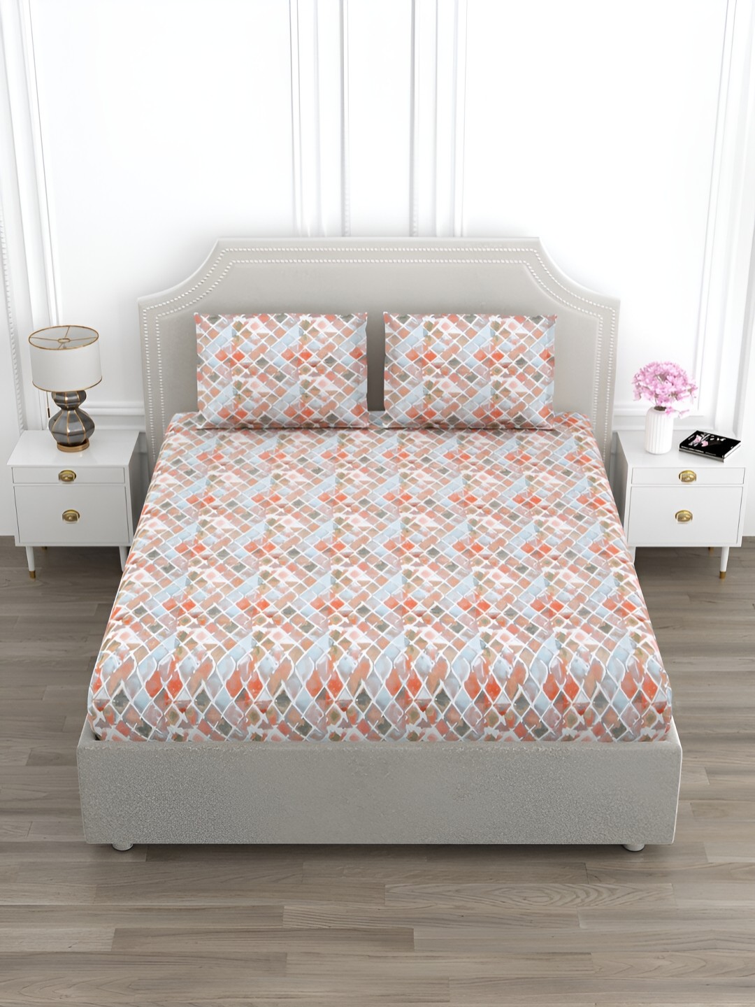 

EverHOME Orange & Grey Geometric Cotton 210 TC King Bedsheet with 2 Pillow Covers