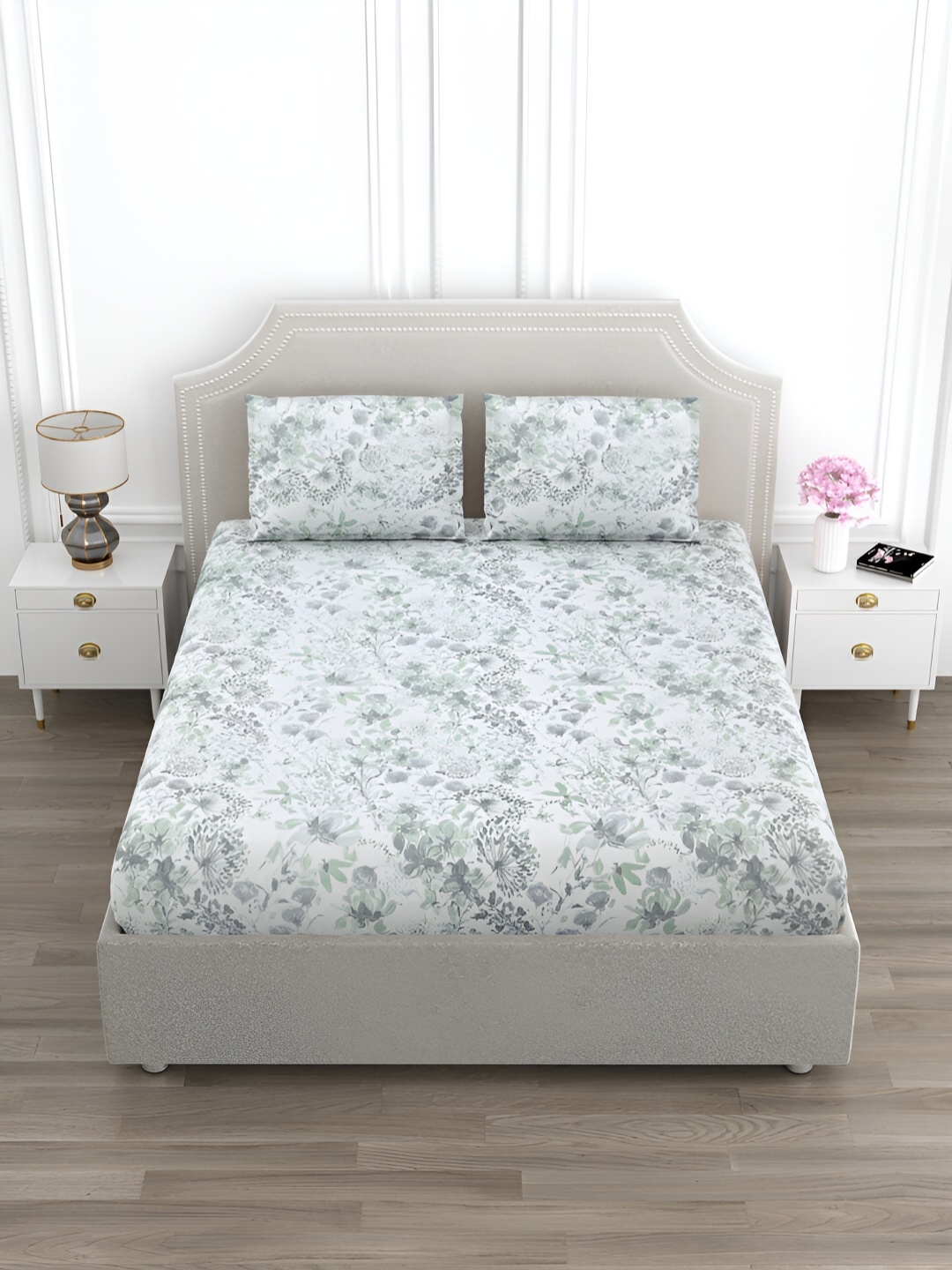 

EverHOME Green & Grey Floral Cotton 210 TC King Bedsheet with 2 Pillow Covers