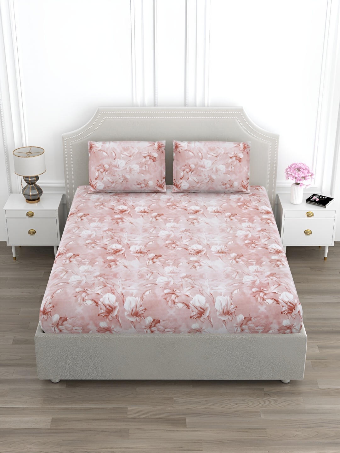 

EverHOME Pink & White Floral Printed Cotton 210 TC King Bedsheet with 2 Pillow Covers