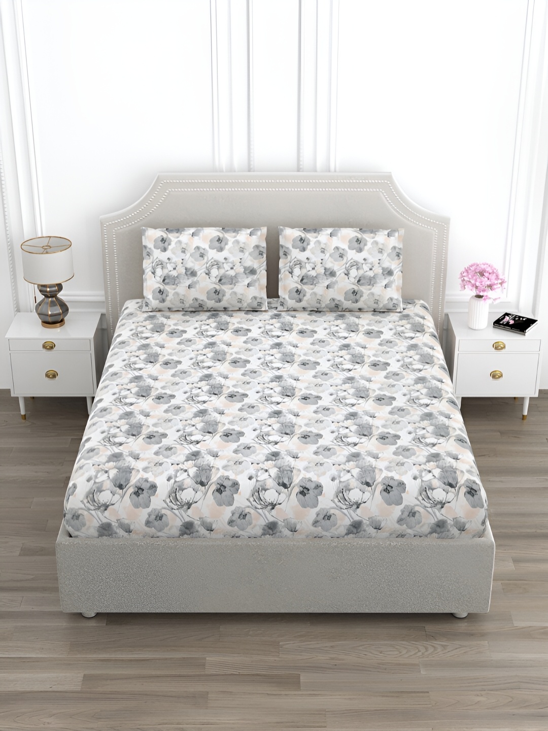 

EverHOME Beige & Grey Floral Cotton 210 TC King Bedsheet with 2 Pillow Covers