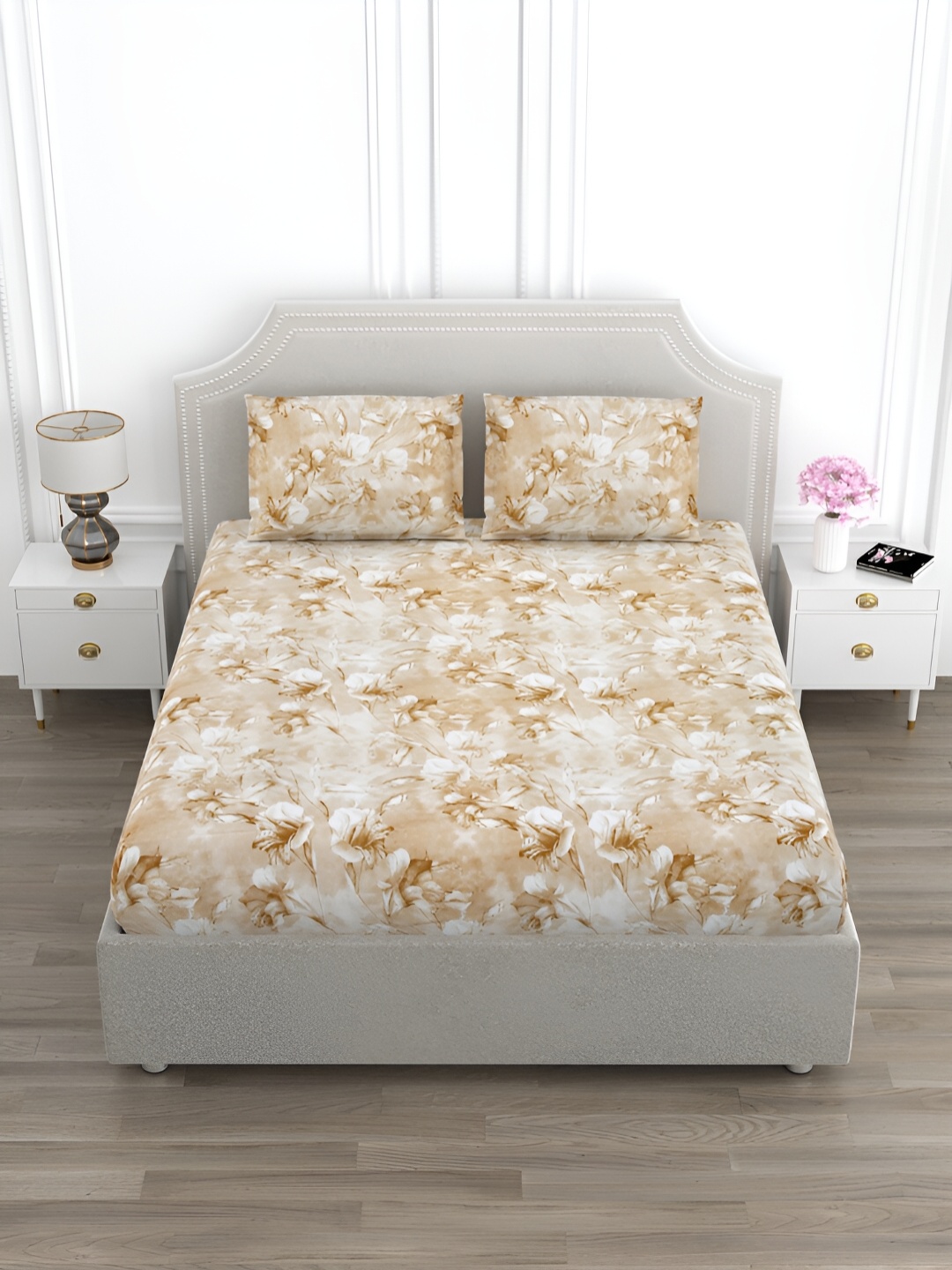 

EverHOME Brown & White Floral Cotton 210 TC King Bedsheet with 2 Pillow Covers