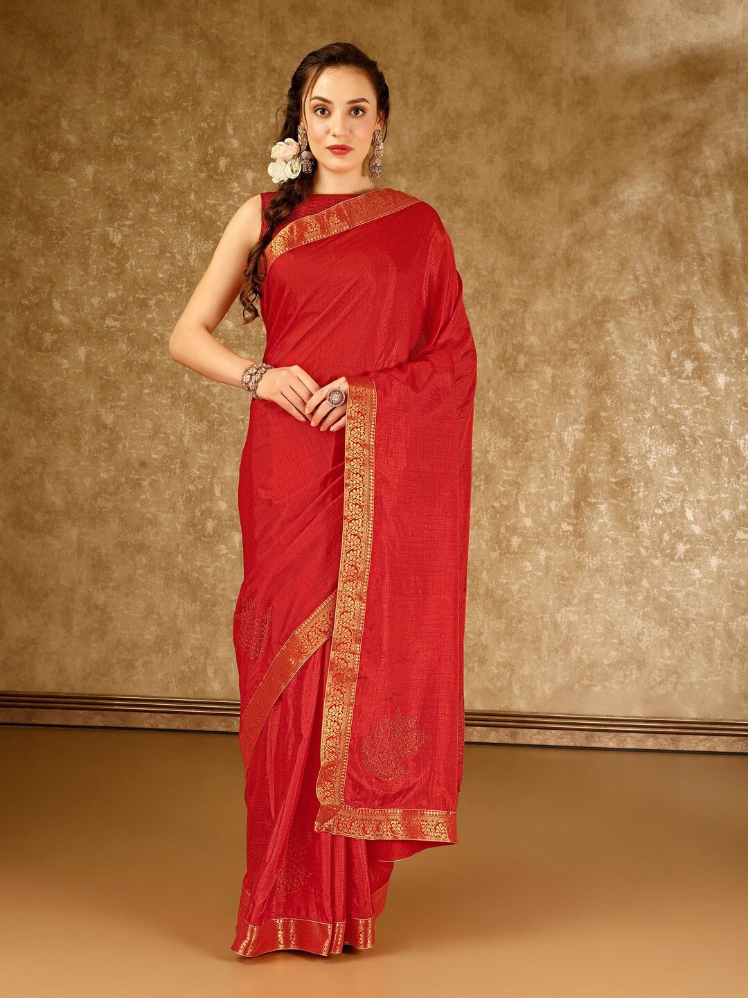 

HERE&NOW Zari Pure Chiffon Saree, Red