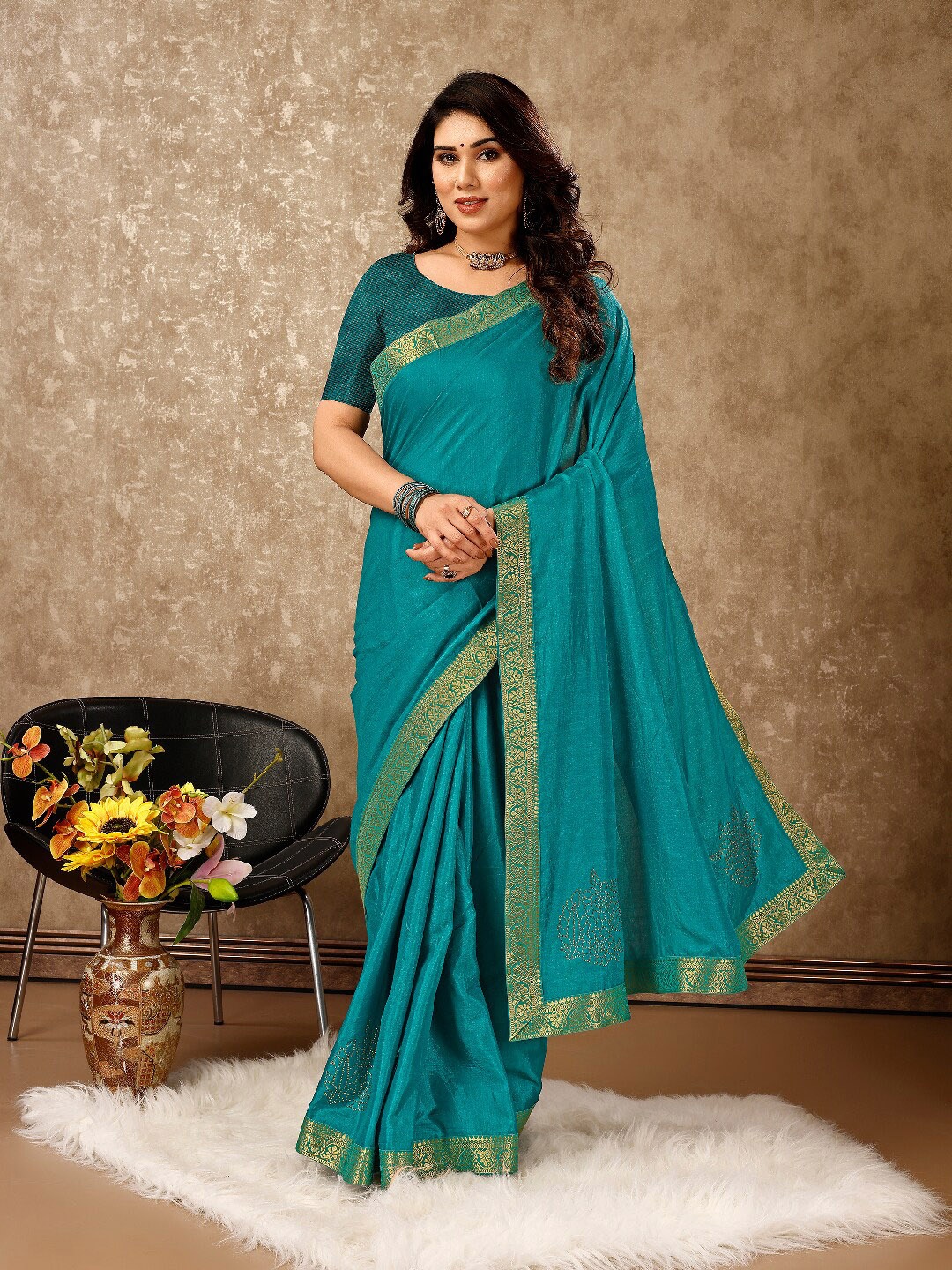 

HERE&NOW Zari Pure Chiffon Saree, Teal