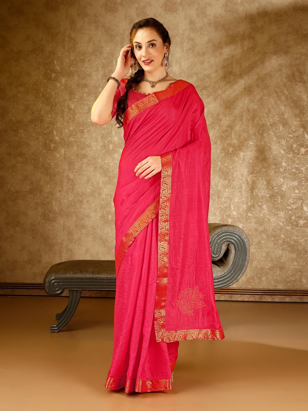 

HERE&NOW Pink Zari Pure Chiffon Saree
