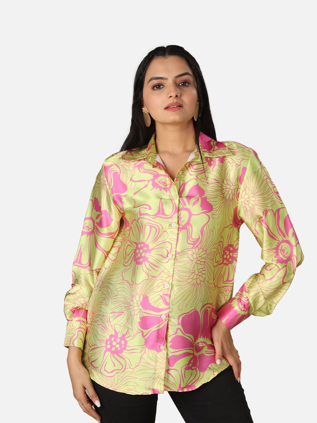 

NEOFAA Custom Floral Printed Semi Sheer Casual Shirt, Lime green