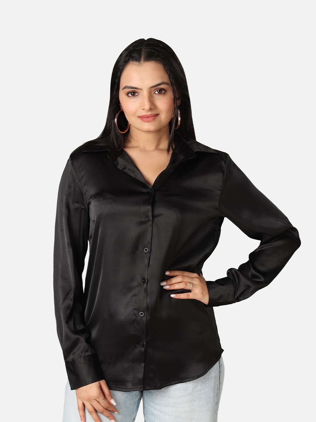 

NEOFAA Custom Fit Spread Collar Long Sleeves Semi Sheer Casual Shirt, Black