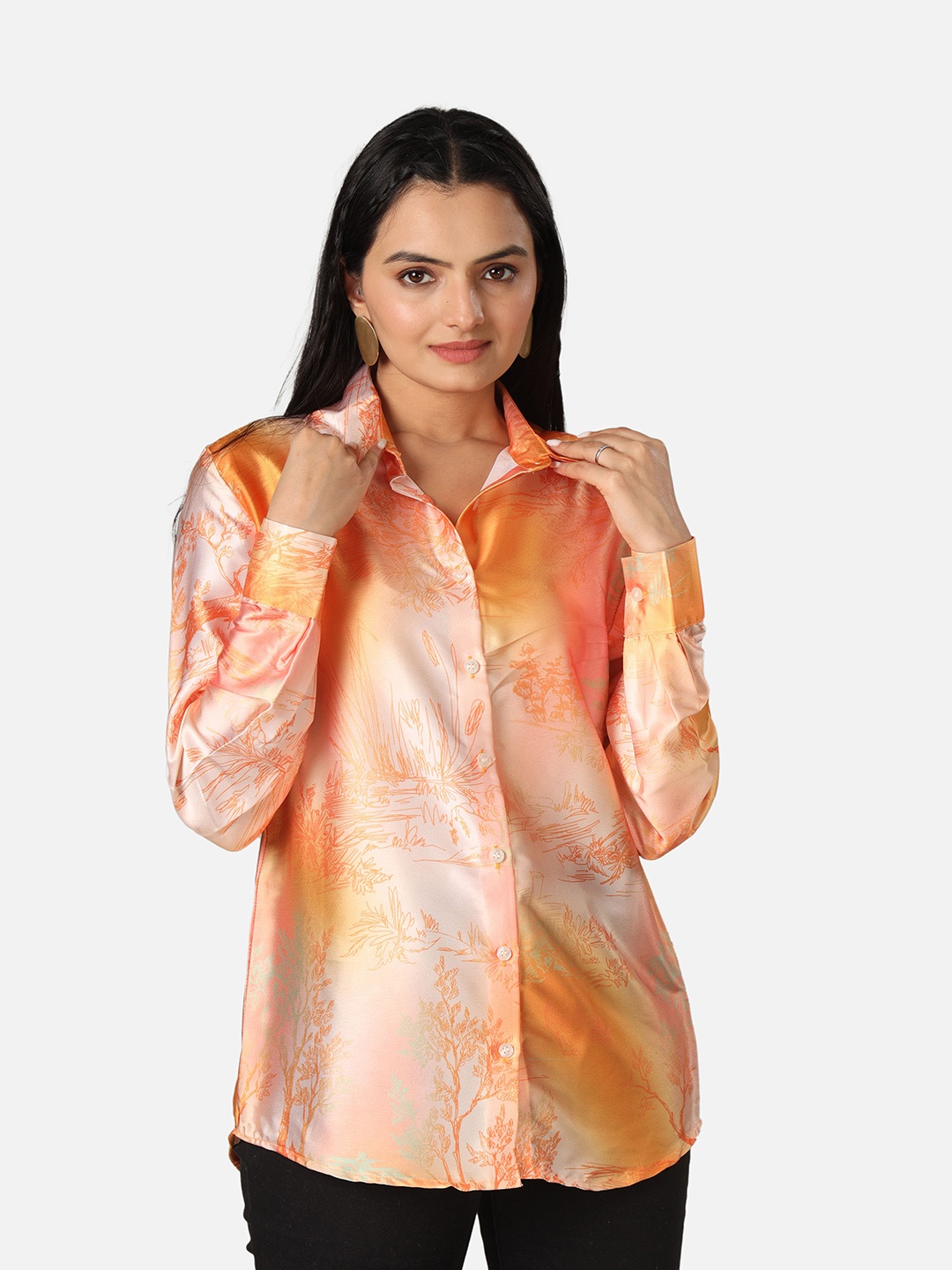 

NEOFAA Custom Fit Abstract Printed Semi Sheer Casual Shirt, Orange