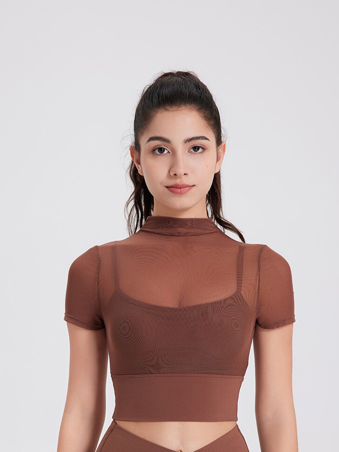 

JC Collection High Neck Sheer Fitted Crop Sports Top, Brown