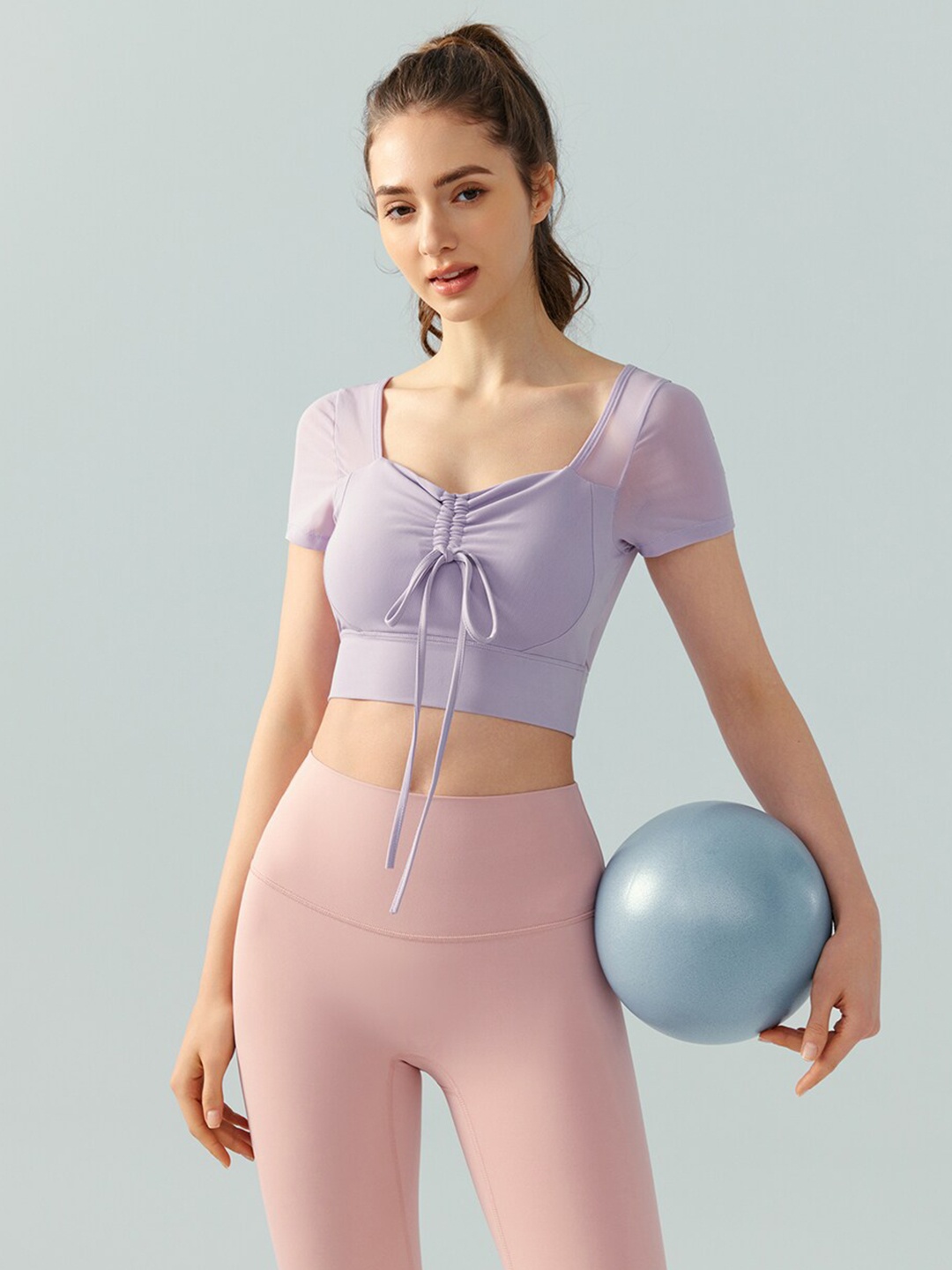 

JC Collection Scoop Neck Ruched & Tie-Ups Detail Fitted Crop Sports Top, Purple