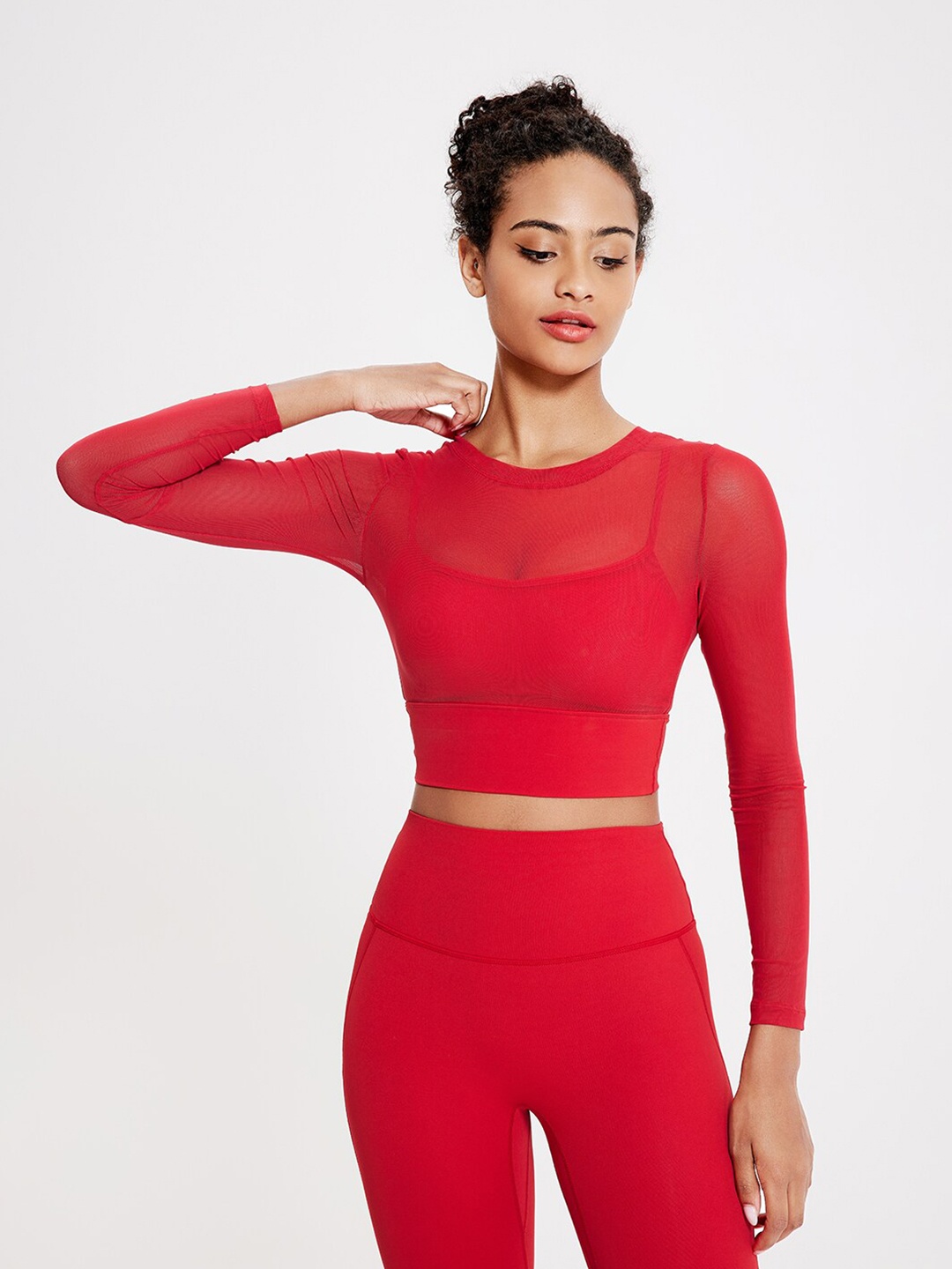 

JC Collection Semi Sheer Fitted Crop Sports Top, Red