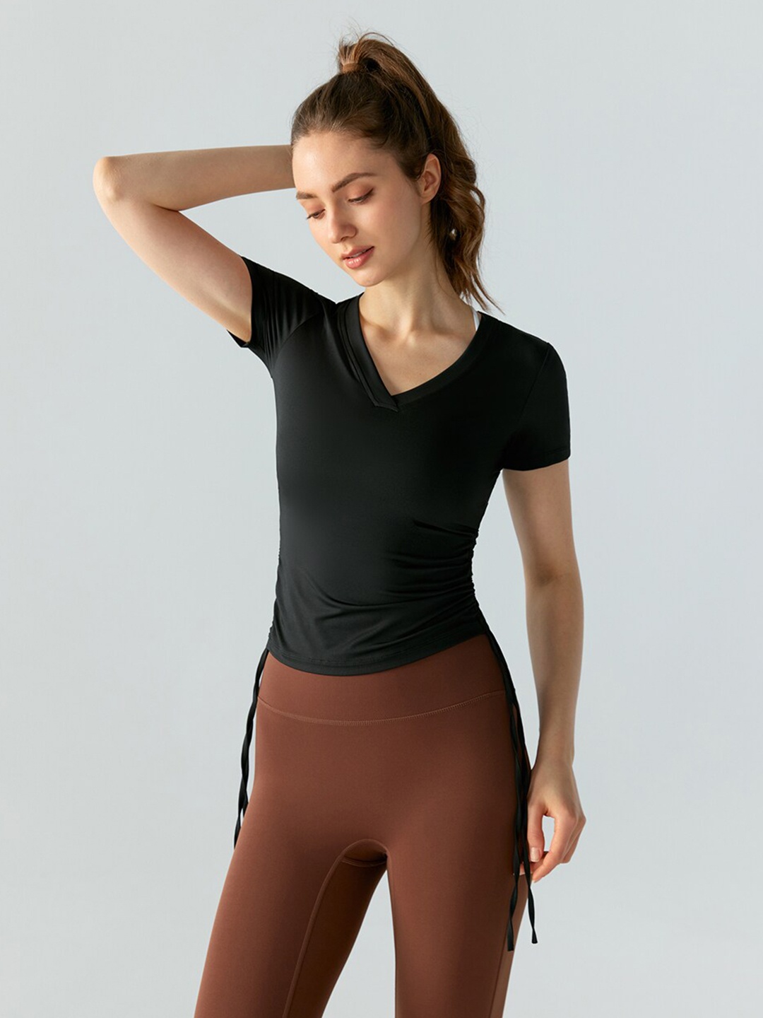

JC Collection V-Neck Ruched Fitted Sports Top, Black