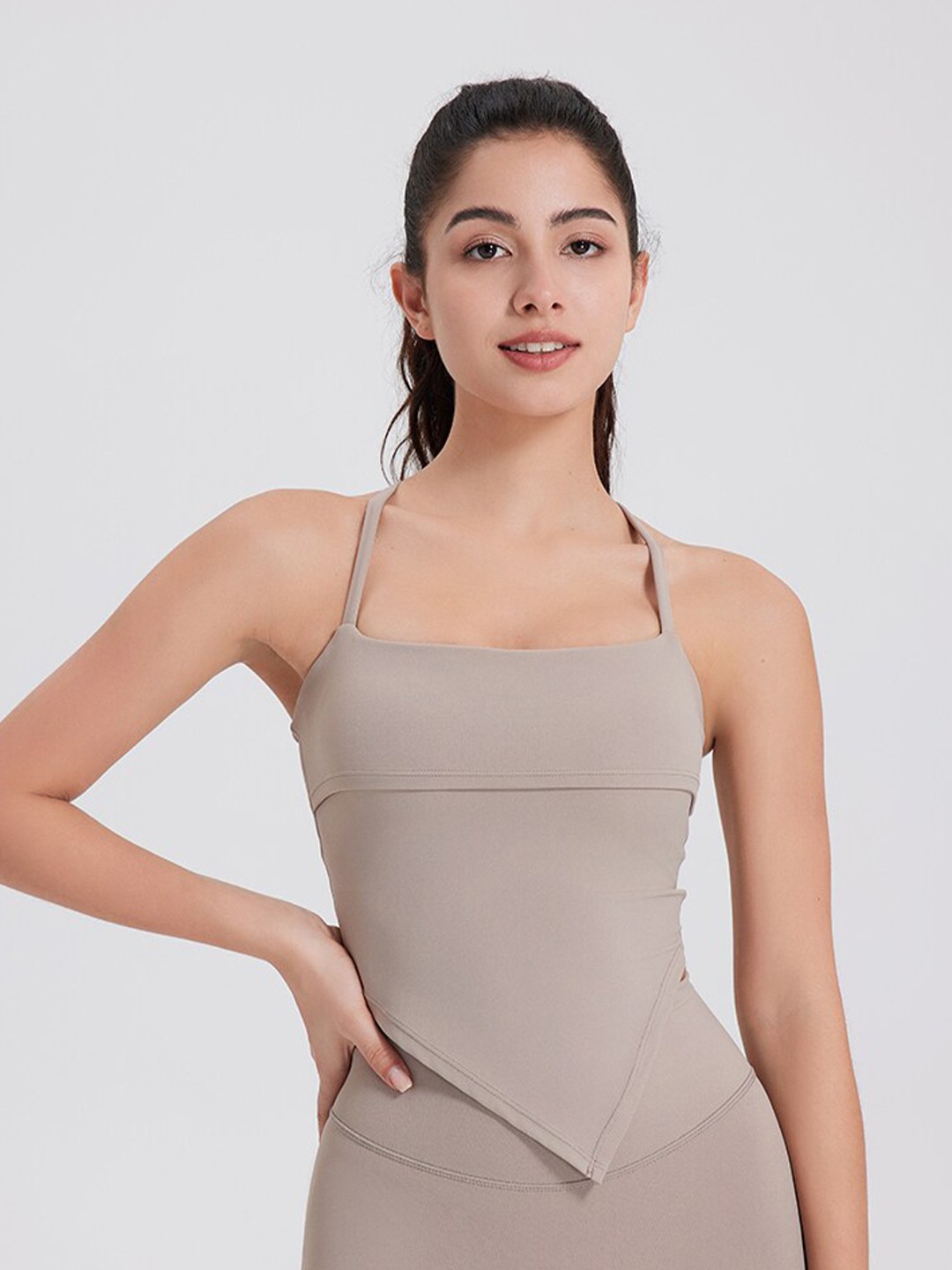 

JC Collection Shoulder Straps Fitted Crop Sports Top, Khaki