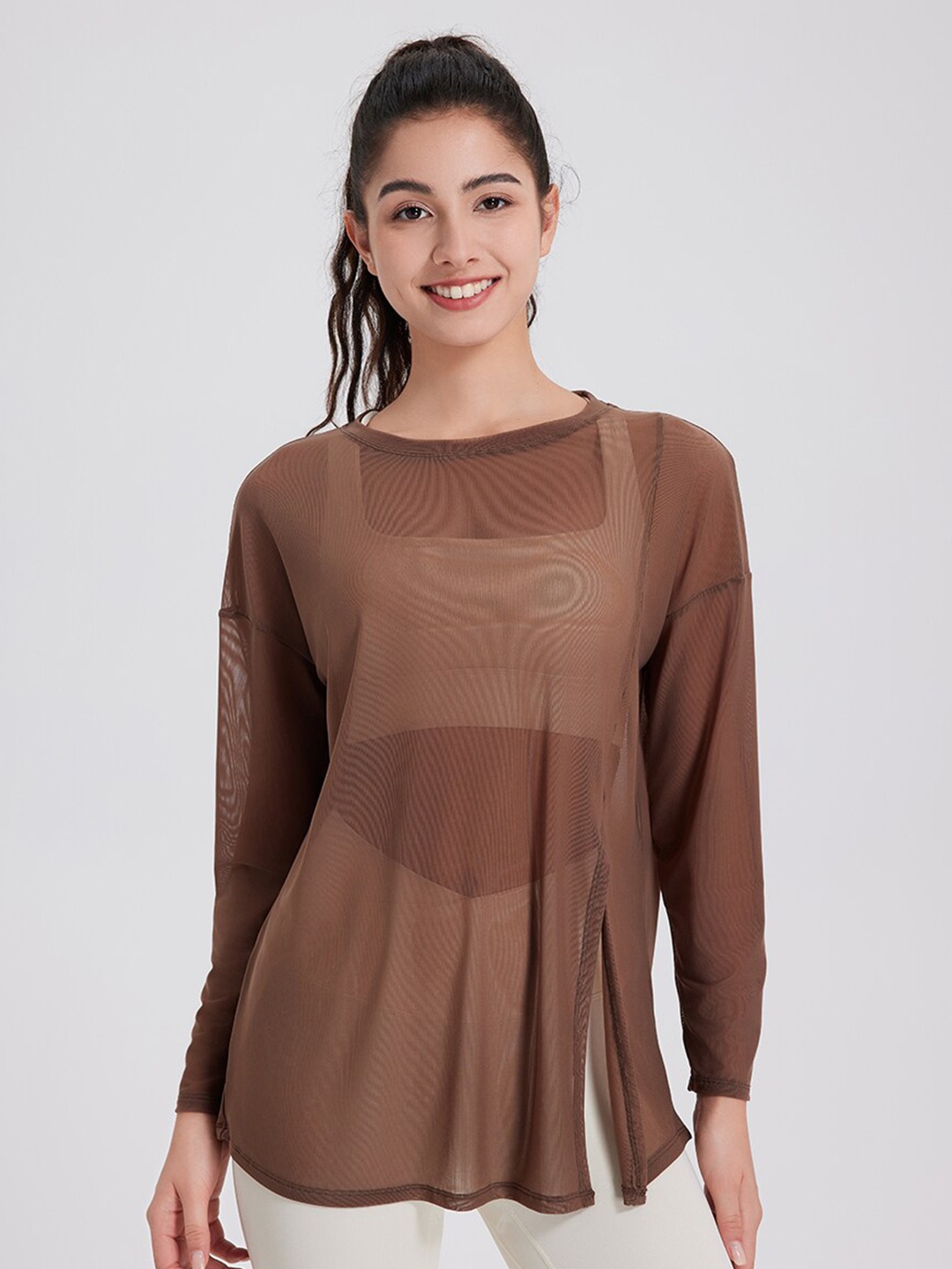 

JC Collection Semi Sheer Drop Shoulder Sleeves Longline Top, Brown