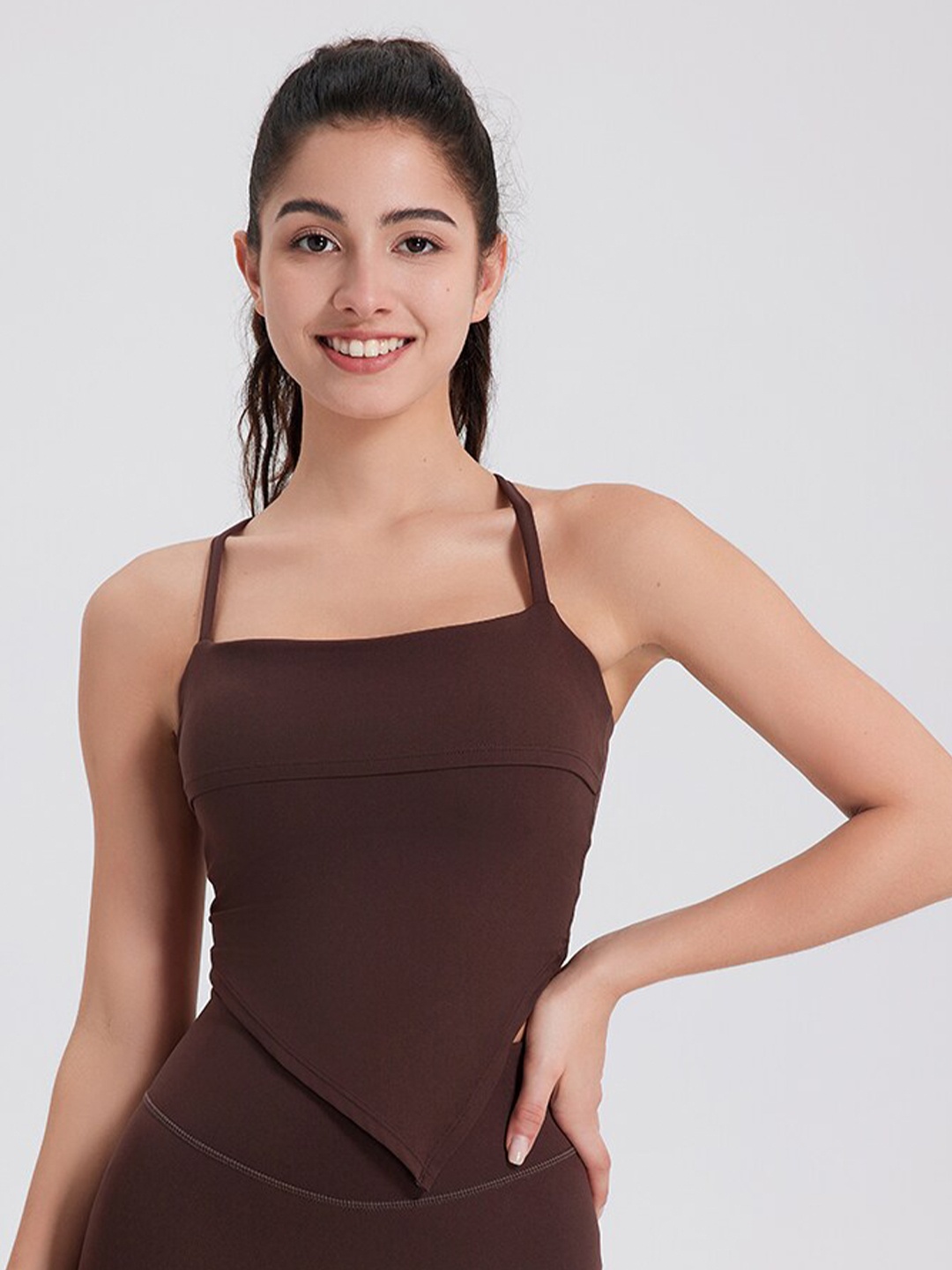 

JC Collection Shoulder Straps Fitted Sports Crop Top, Brown