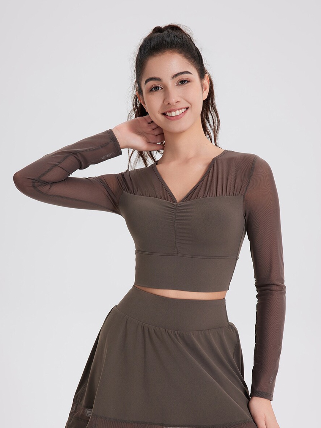 

JC Collection V-Neck Fitted Crop Sports Top, Brown