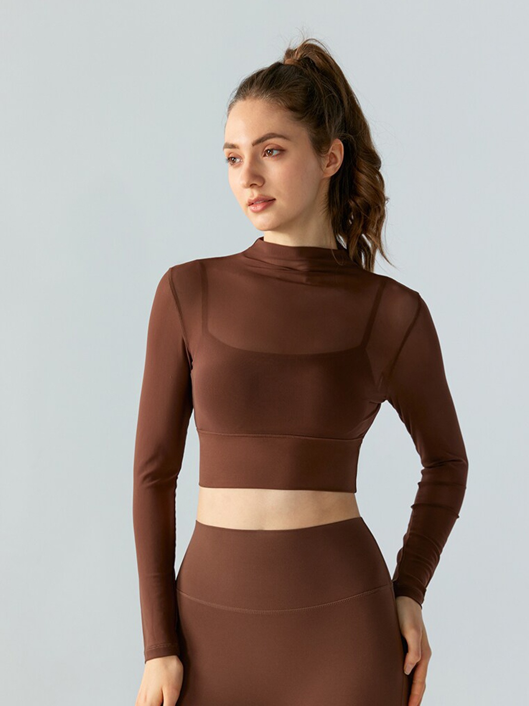 

JC Collection High Neck Fitted Crop Sports Top, Brown