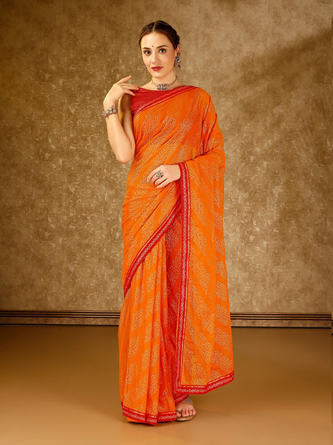 

KALINI Foil Printed Pure Chiffon Saree, Orange