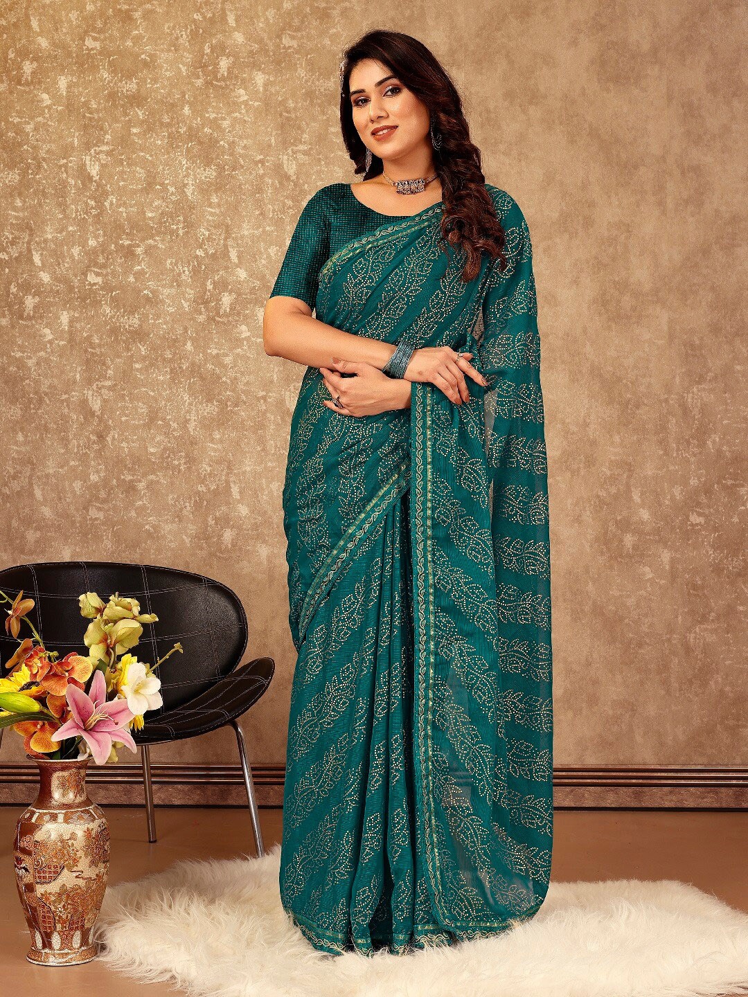 

KALINI Foil Printed Pure Chiffon Saree, Teal