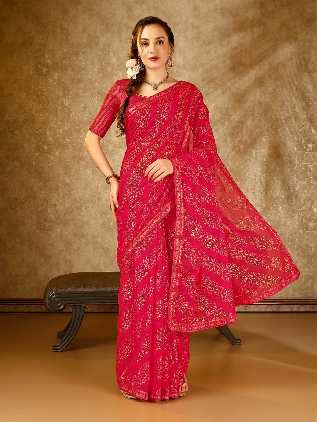 

KALINI Printed Pure Chiffon Bandhani Saree, Pink