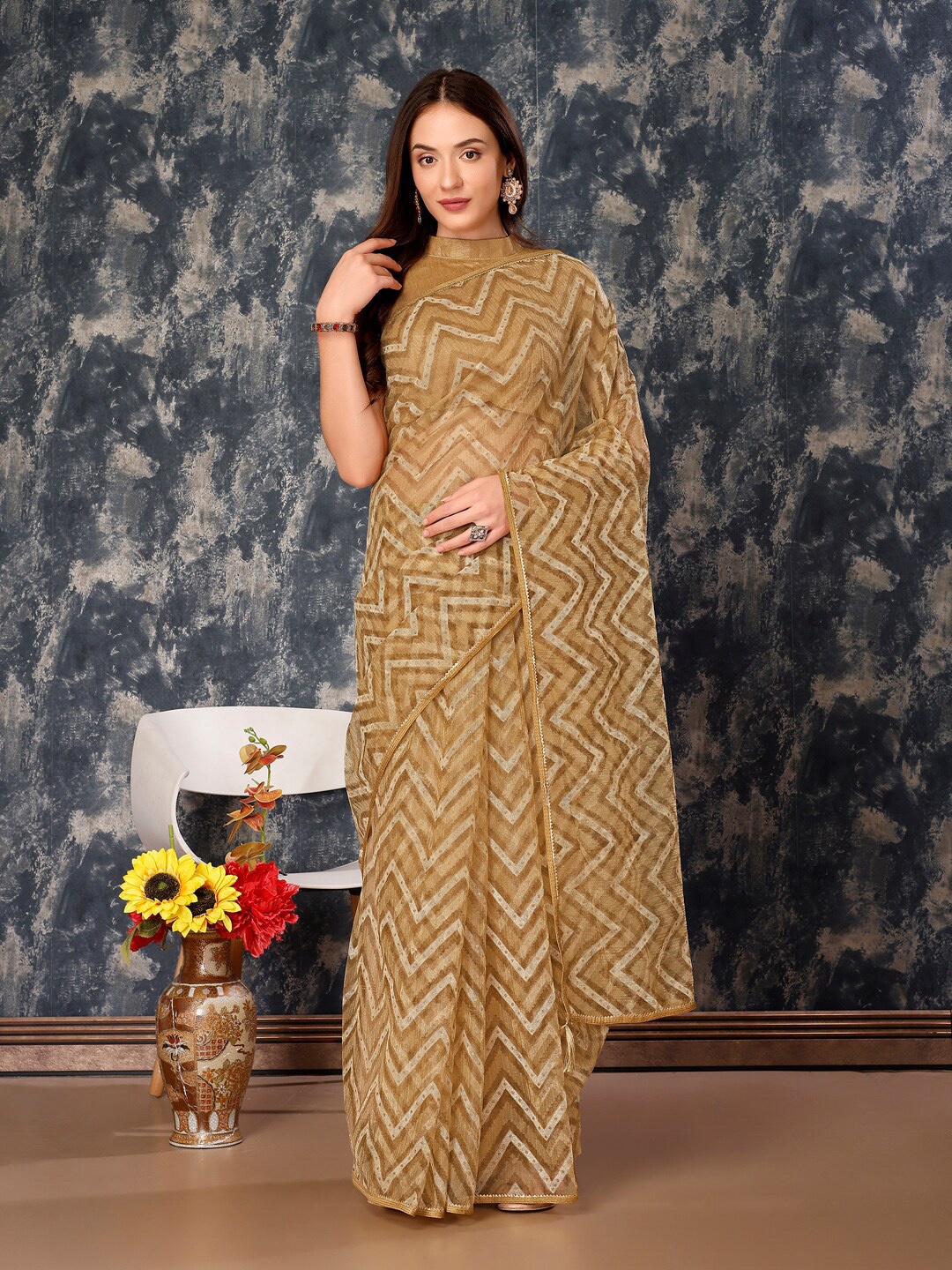 

HERE&NOW Beige Chevron Printed Embroidered Pure Chiffon Saree