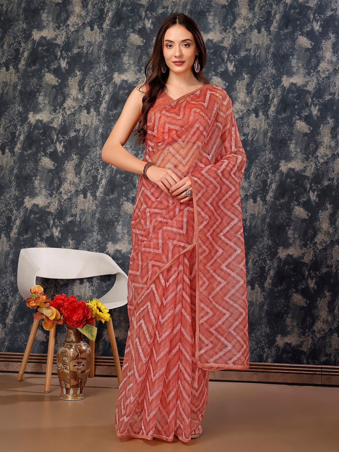 

HERE&NOW Geometric Printed Pure Chiffon Saree, Peach