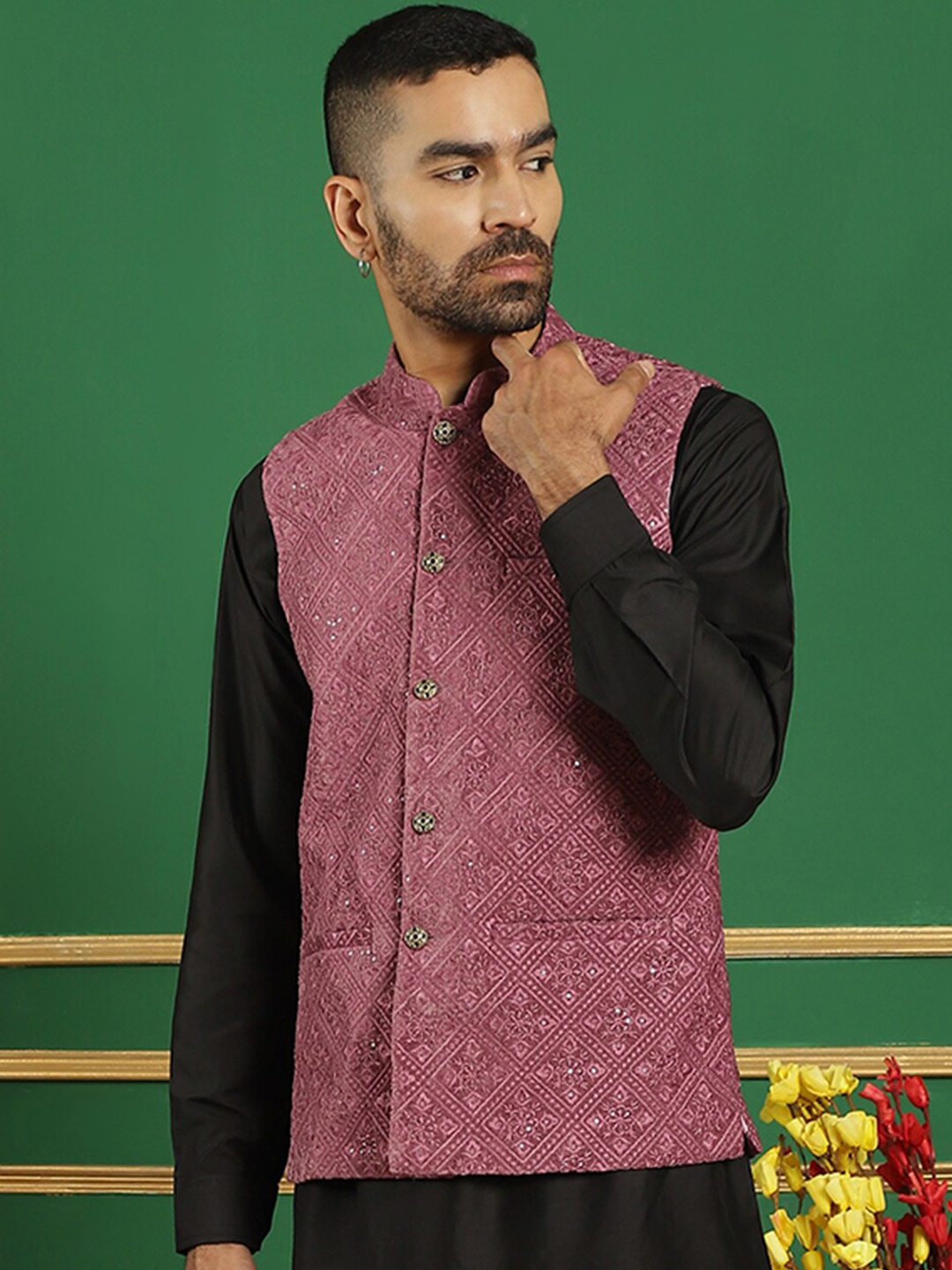 

Jompers Embroidered Mandarin Collar Nehru Jackets, Magenta