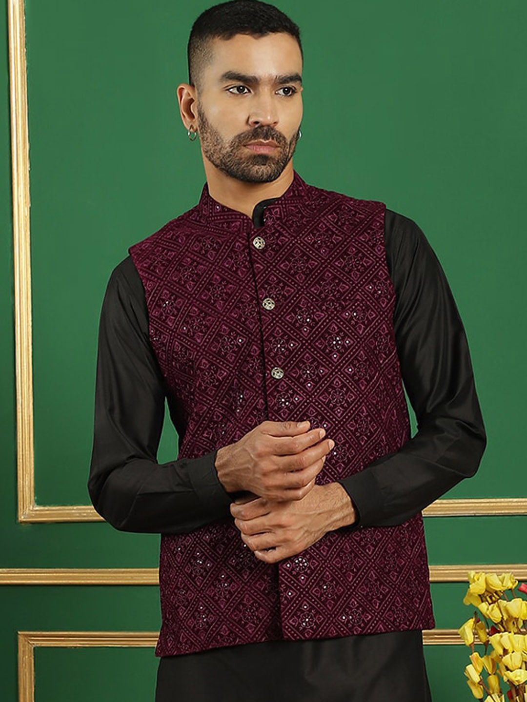 

Jompers Embroidered Mandarin Collar Nehru Jackets, Purple